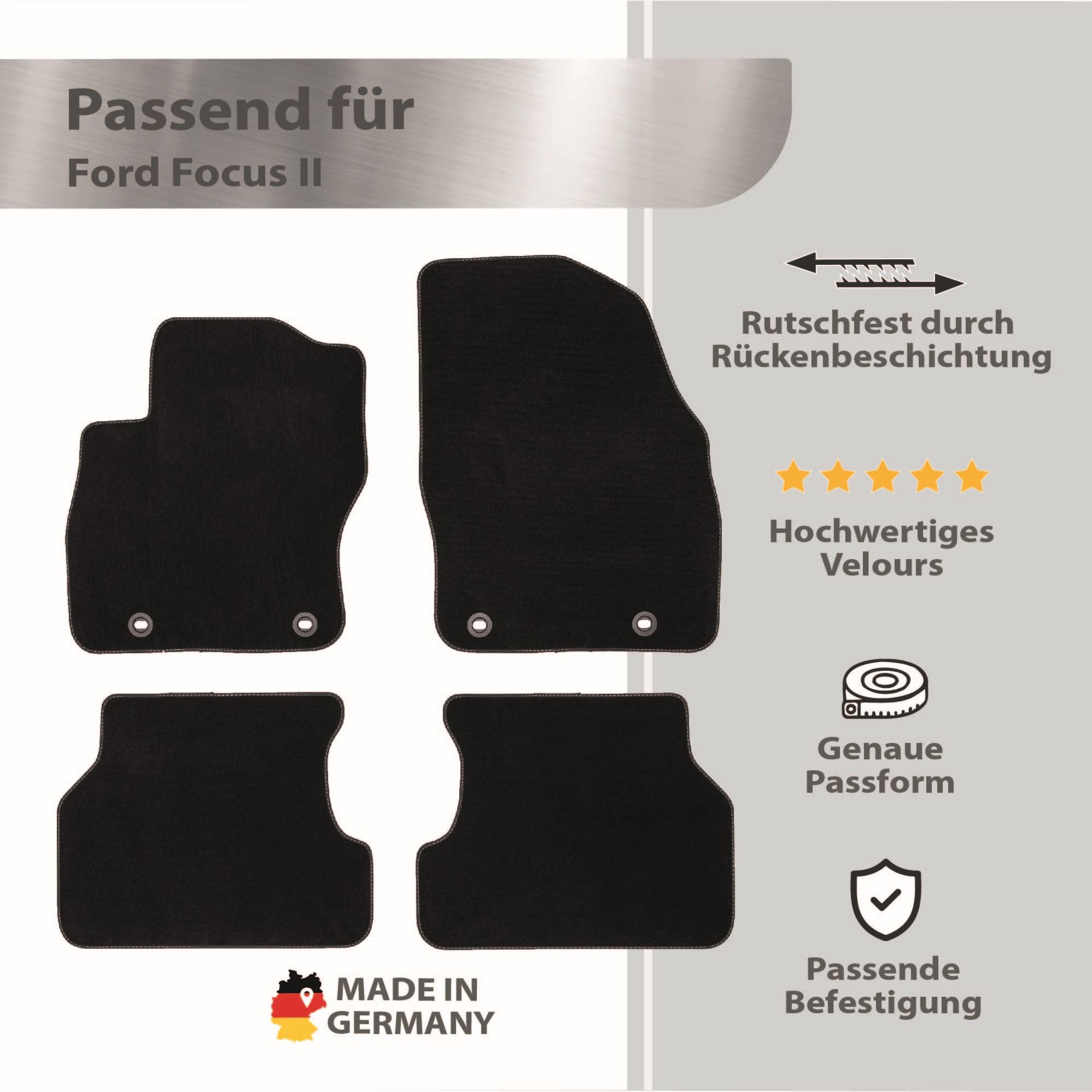 Set di tappetini in velluto per Ford Focus MK2/II (2003-2010) in pelle nabuk nera, cuciture nere, 4 pezzi, su misura