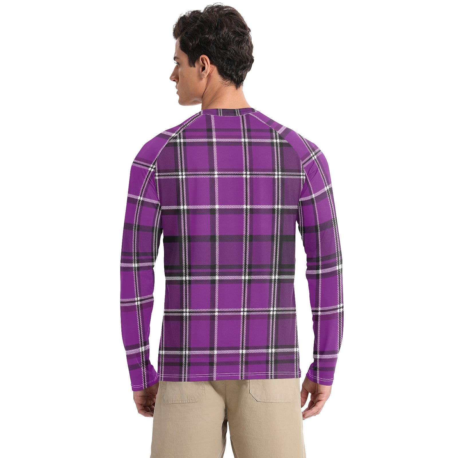 Purple Plaid Men Rash Guard Long Sleeve UPF 50+ UV Sun Protection Quick Dry Beach T-Shirts Sun Shirts for Outdoor, X-Large