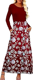 Women Long Sleeve Maxi Dress Plain Casual Loose Crewneck Floral Empire Waist Long Dress with Pockets