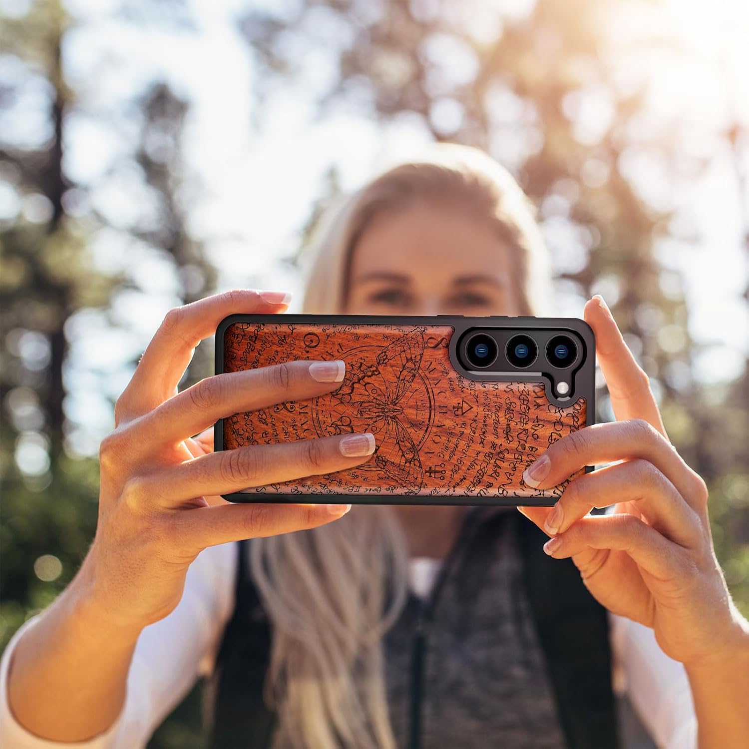 Carveit Wood Case for Galaxy S23 Plus Case [Natural Wood & Black Soft TPU] Shockproof Protective Cover Unique & Classy Wooden Design Compatible with S23 Plus (Papilio machaon-Rosy)