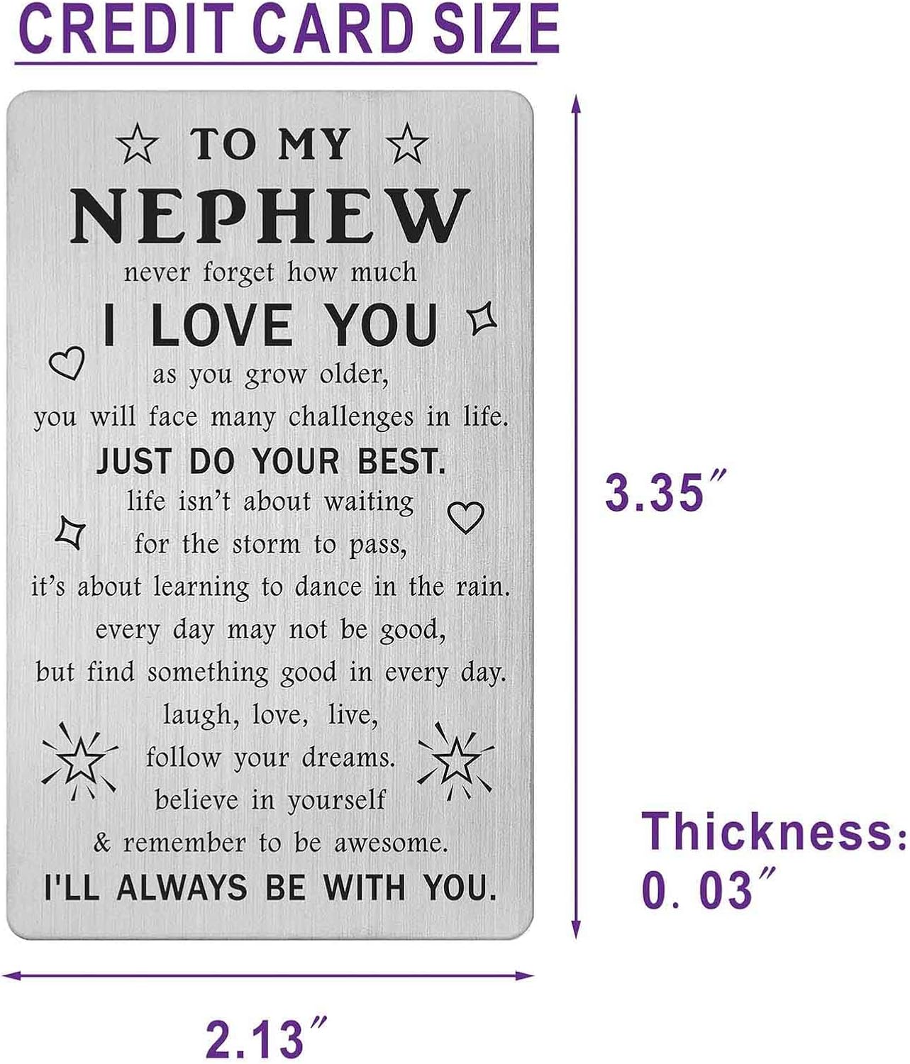 TANWIH Gifts for Nephew - Engraved Metal Nephew Wallet Card with Inspirational Quote - Nephews Birthday Christmas Graduation Card Gift from Aunt Uncle - Image 5