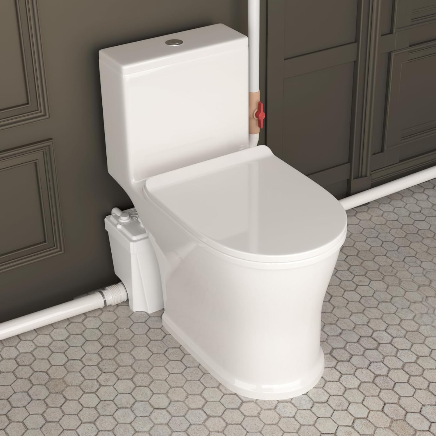 Upflush Macerating Toilet System, 500W Durable Copper Motor Grinder Pump with 4 Inlets for Basement Toilet/Sink/Washer/Laundry Wastewater Disposal, One Piece Full Skirt Toilet, Quiet Operation