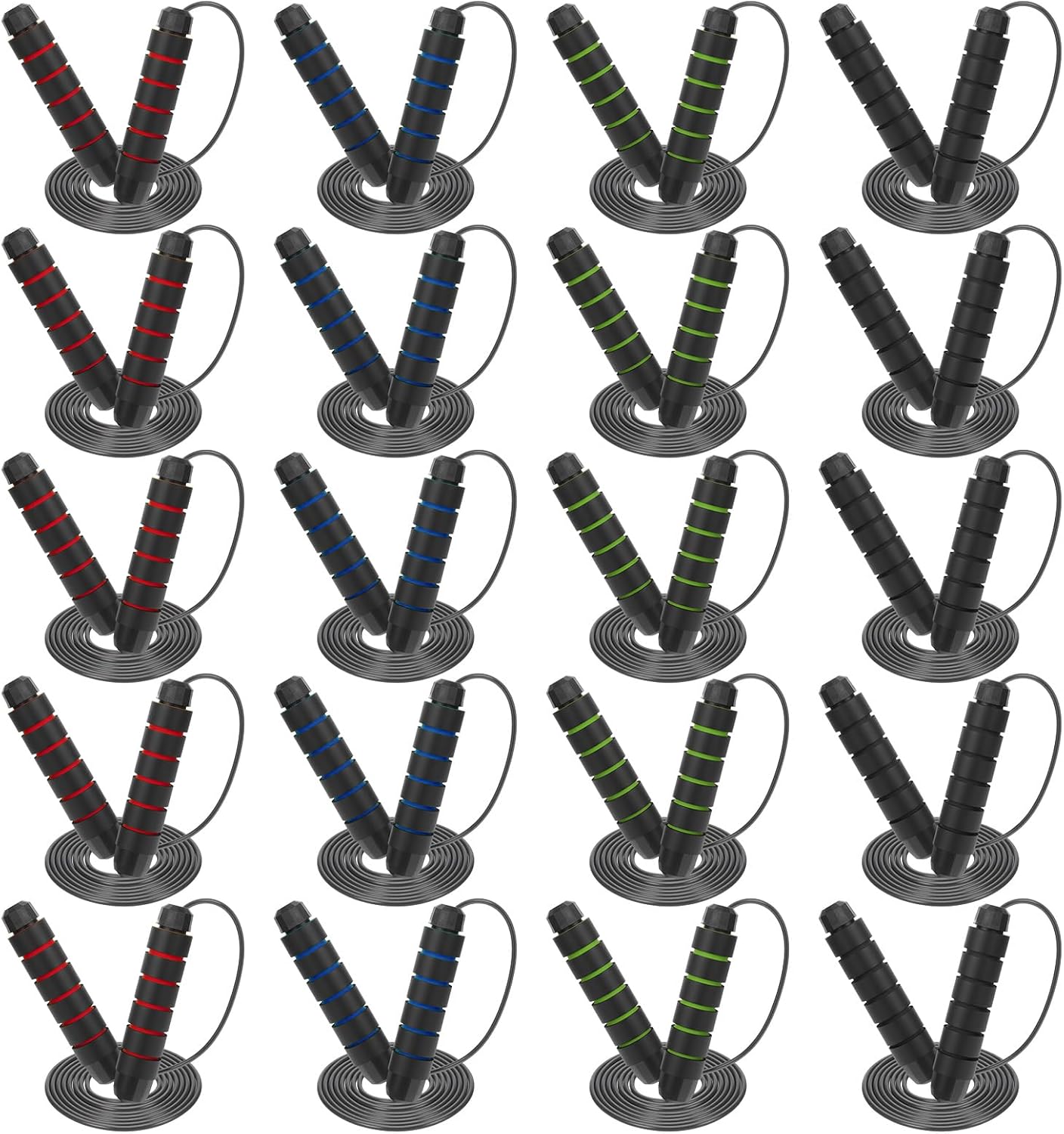 20 Pack Weighted Jump Ropes with Steel Cable - Tangle-Free Speed Skipping Ropes with Comfortable Foam Handles for Fitness Workouts, Gym Training, Home Exercise (Red, Blue, Black, Green)