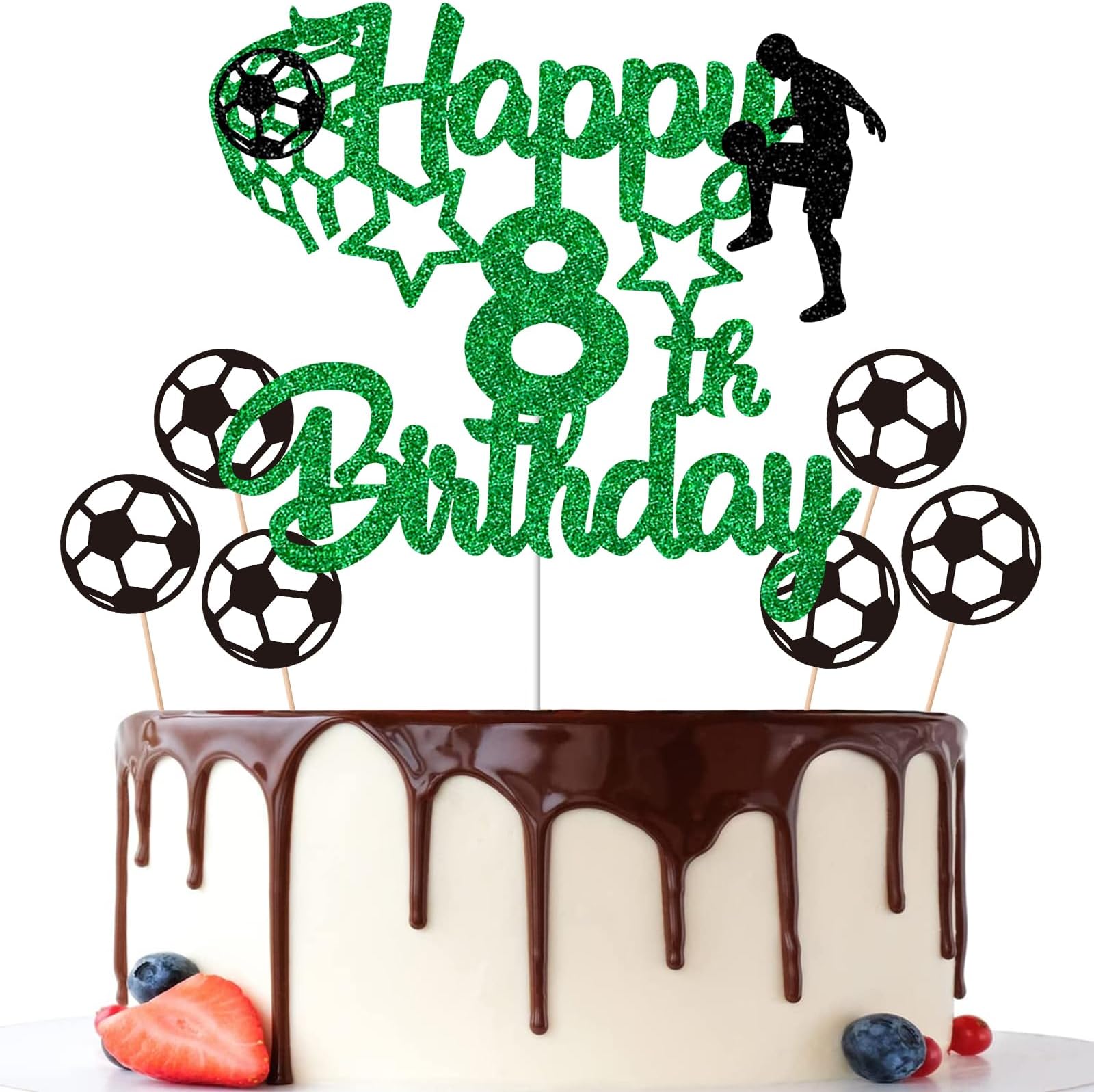 8th Birthday Cake Toppers, Green Glittery Cake Decorations with Football Theme, Eight Years Old Soccer Birthday Party Supplies for Boys