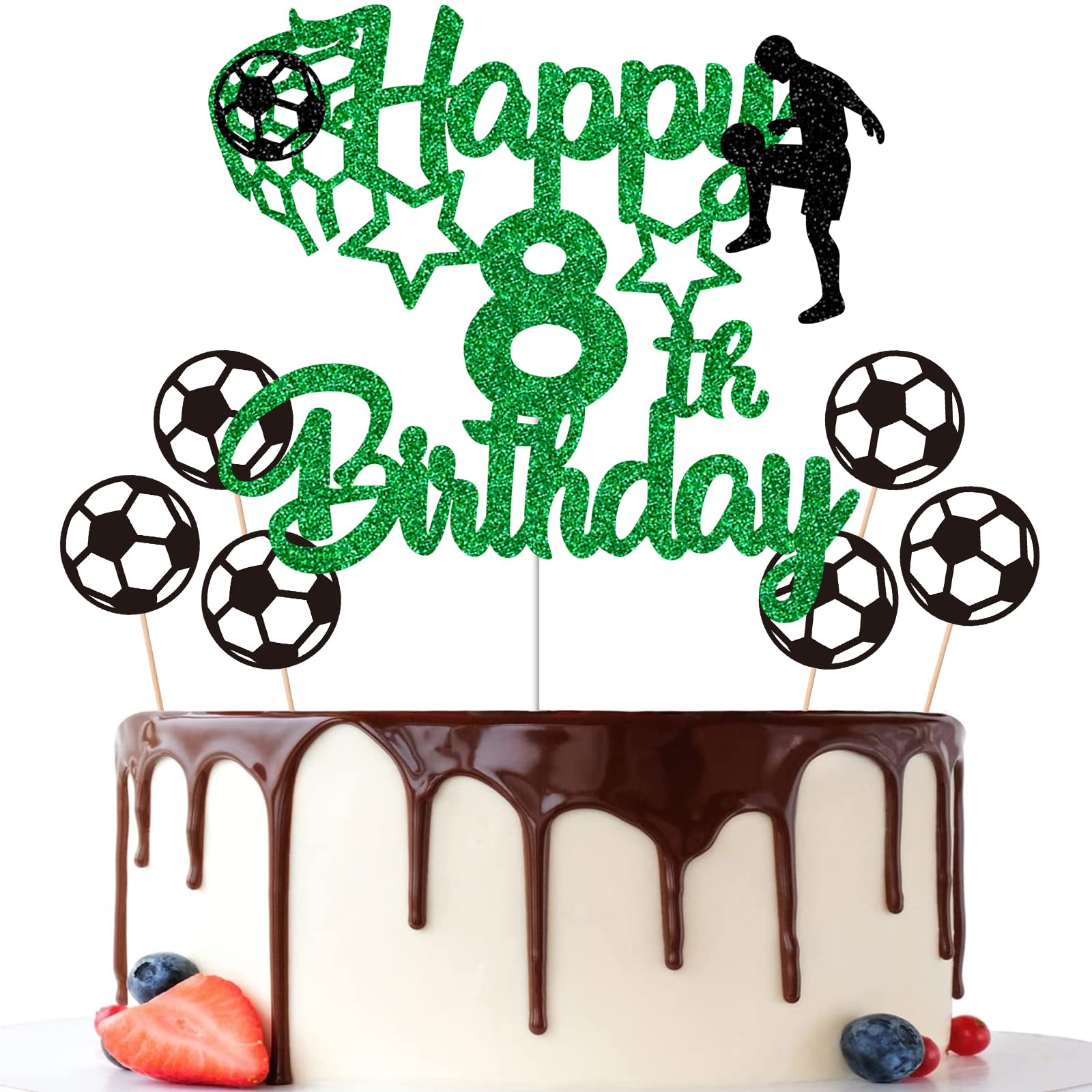 8th Birthday Cake Toppers, Green Glittery Cake Decorations with Football Theme, Eight Years Old Soccer Birthday Party Supplies for Boys