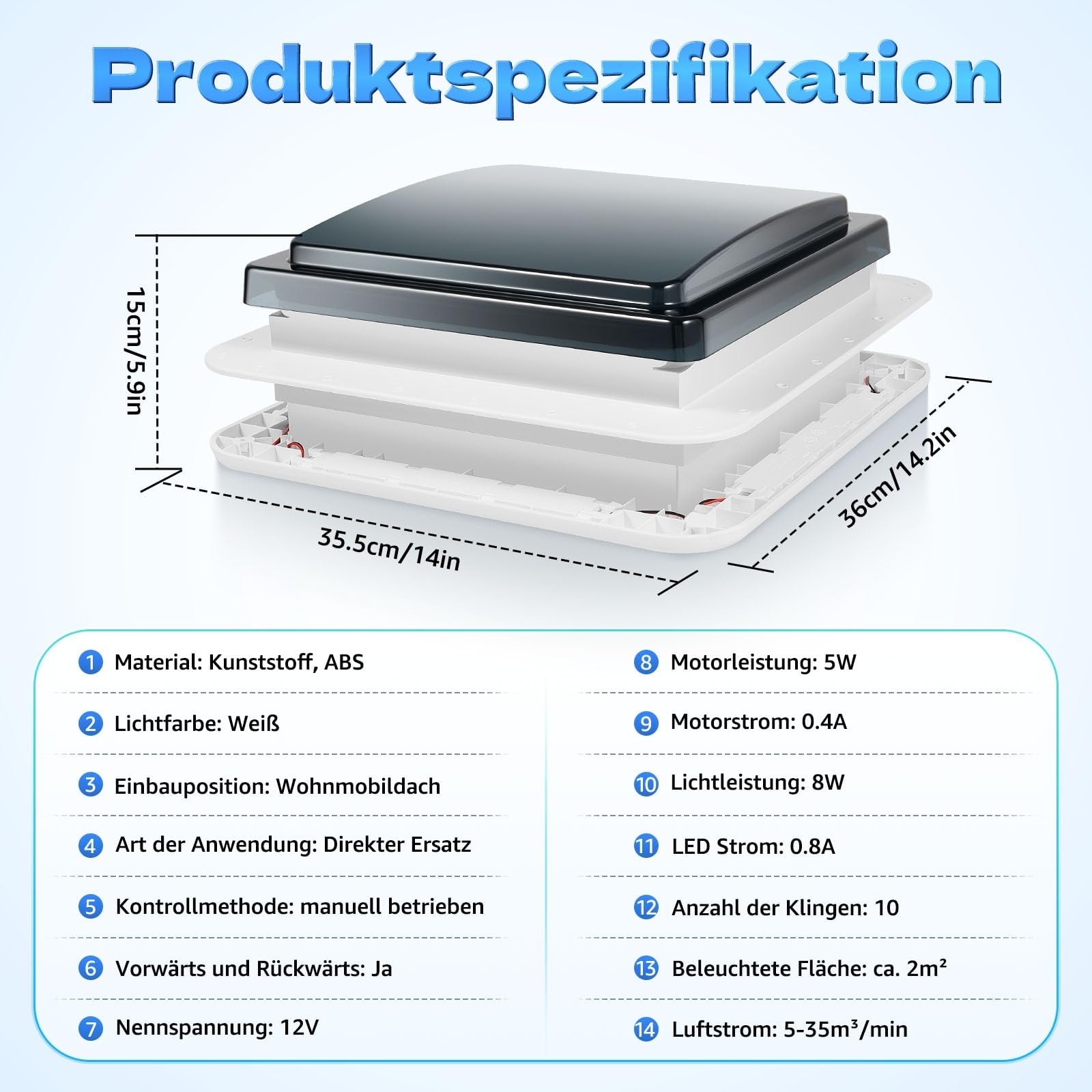 Wohnwagen Wohnmobil Dachfenster Schalldichte Dachluke Leiser Lüfter mit LED Belüftung Dachfenster Ventilator Dachlüfter Umkehrlüfter Geräuscharmer Wohnmobilausstattung mit Insektenschutzgitter