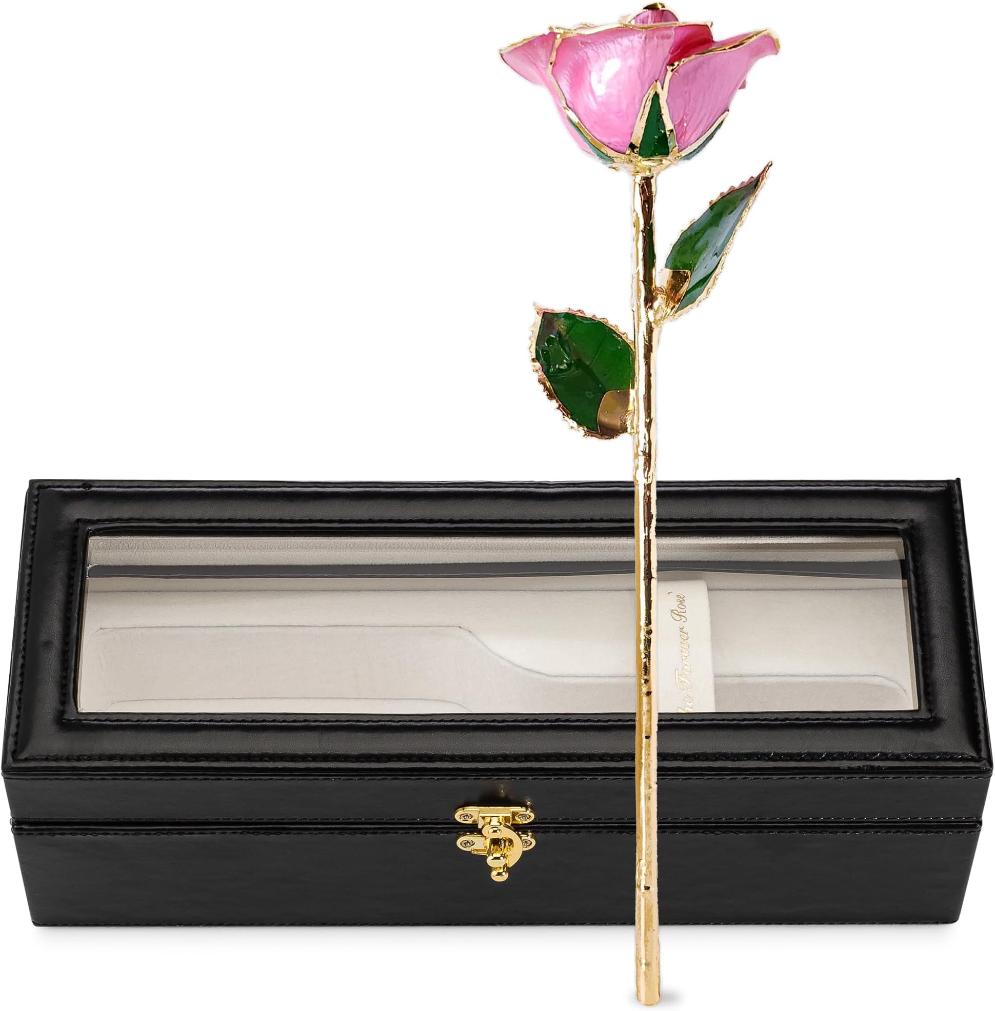 Forever Rose Gold Trimmed Pink Open Bloom Real Rose Dipped in 24K Gold, Ready to Gift, Presented in Vegan Leather Case with LED Light, Unique & Everlasting Gift for Any Occasion