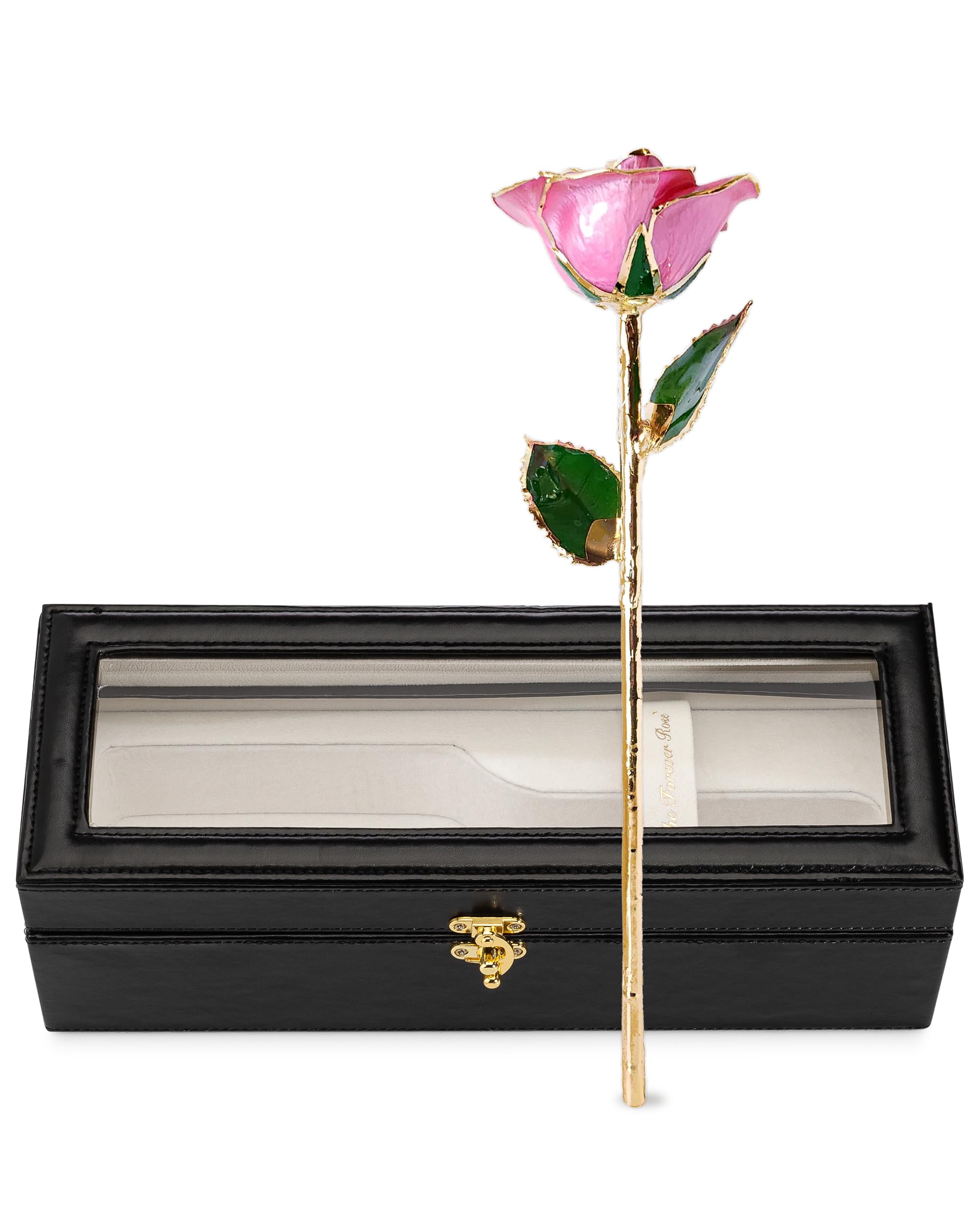 Forever Rose Gold Trimmed Pink Open Bloom Real Rose Dipped in 24K Gold, Ready to Gift, Presented in Vegan Leather Case with LED Light, Unique & Everlasting Gift for Any Occasion