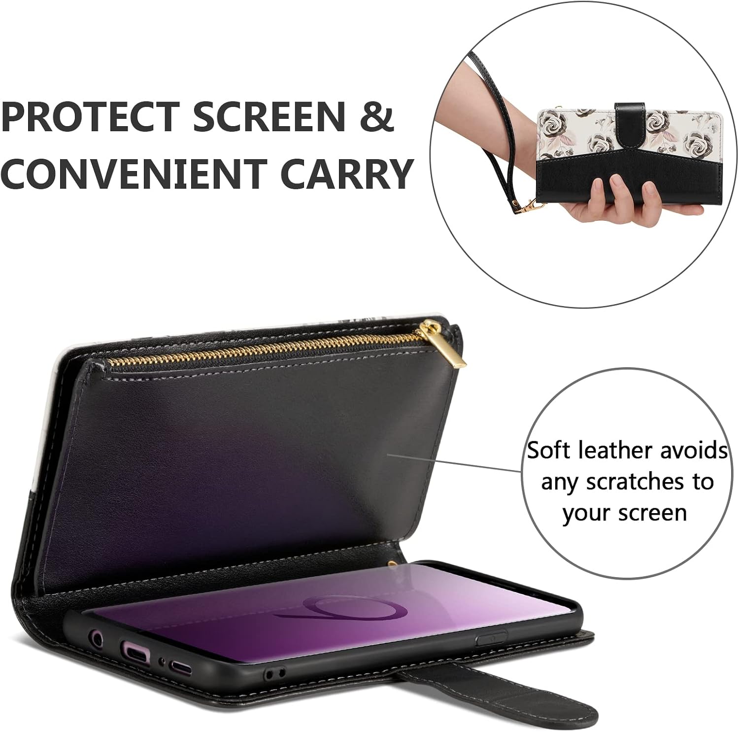 UEEBAI Wallet Case for Samsung Galaxy S9 Plus, Premium PU Leather Magnetic Closure Handbag Zipper Pocket Case Kickstand Card Slots with Hand Strap Shockproof Flip Case - Flower Black
