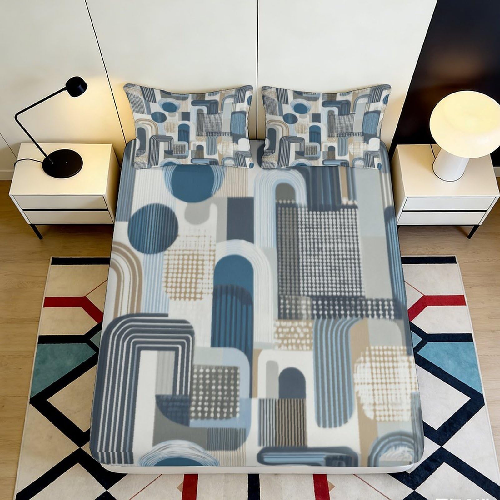 3D Printed Geometric Pattern Fitted Sheet Microfiber Soft Breathable Modern Abstract Mattress Cover for Bedroom Dormitory Guest Room Protection 160x200x25cm