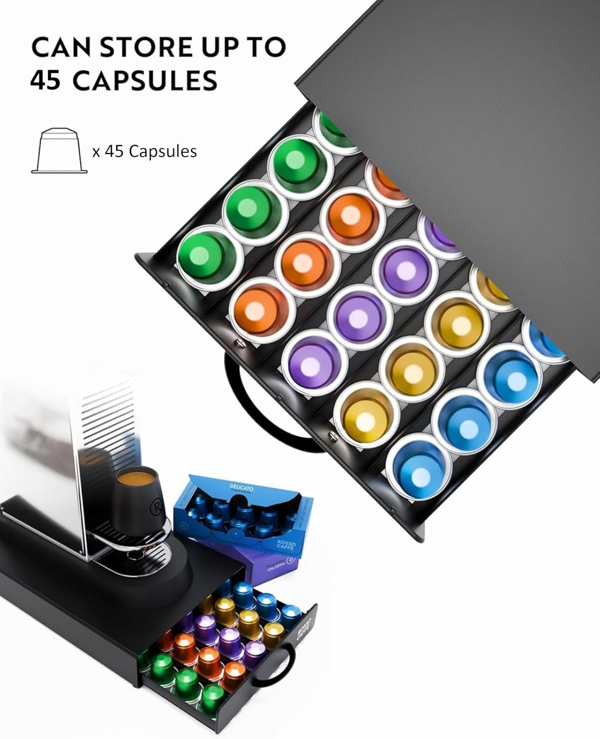 ROSSO CAFFÈ Coffee Capsule Drawer Organizer Compatible with Nespresso Original Machines, Holds 45 Capsules, Space-Saving Countertop Storage, Sleek Design