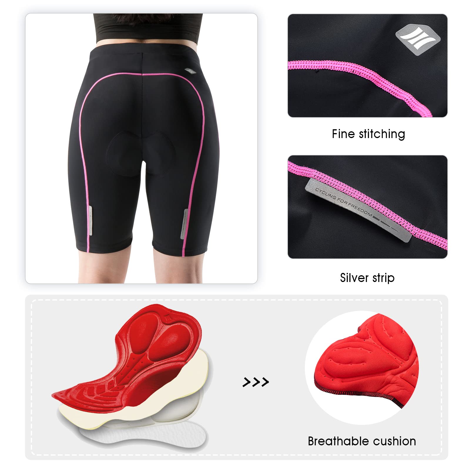 Santic Pantalones cortos de ciclismo acolchados de cintura alta para mujer, pantalones cortos de ciclismo acolchados con bolsillo