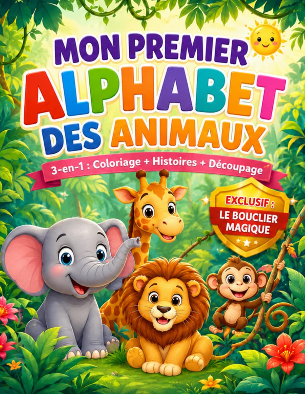 Mon Premier Alphabet des Animaux: Livre d’activités 3-en-1 avec coloriages, histoires, alphabet mobile et Bouclier Magique