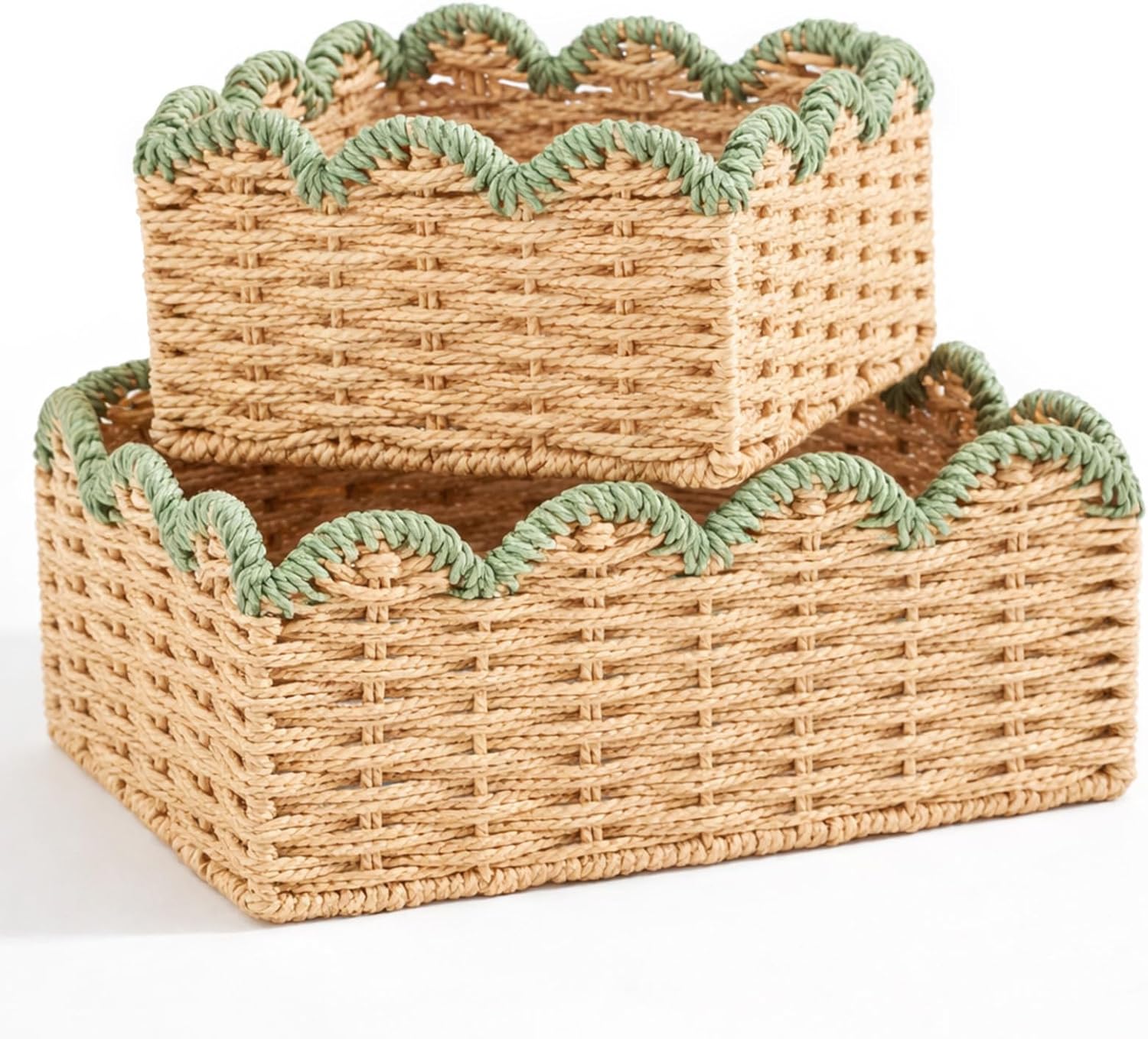 2 Pack Green Scalloped Baskets Rattan Storage Scalloped Basket Bins Hand Woven for Organizing and Decor for Living Room Bedroom Laundry