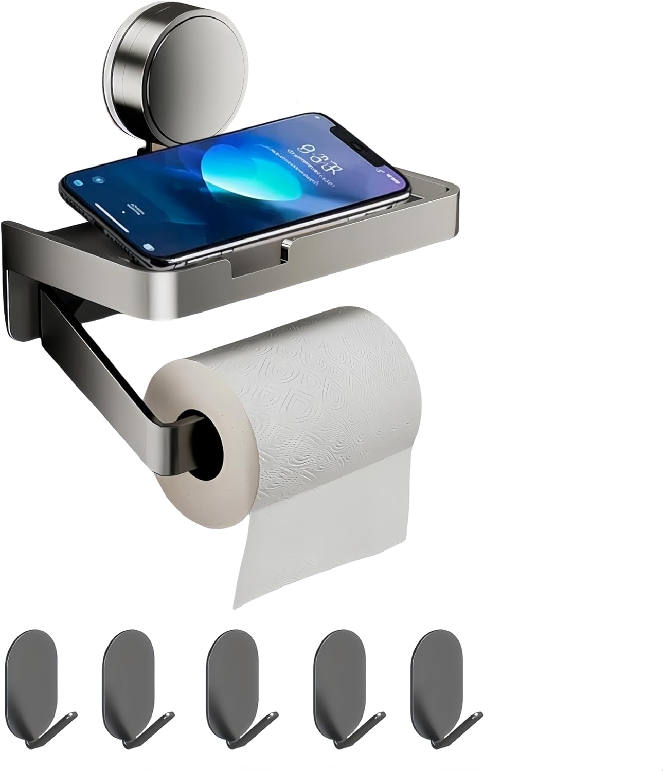 Suction Cup Toilet Paper Holder Adhesive Metal Hook Combo -1 Detachable Aluminum Rust Proof Wall Mounted Toilet Paper Roll Holder with Storage Board,5 Stainless Steel Hooks(Polished Gray)