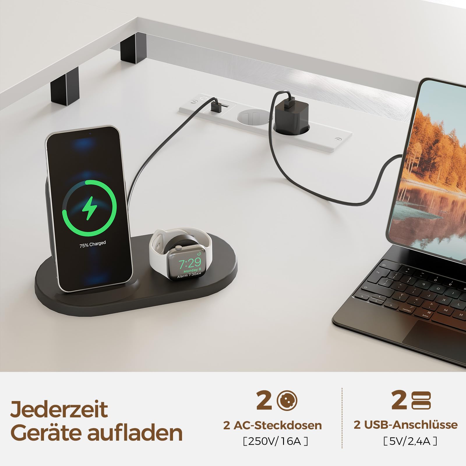 Rolanstar Gaming Schreibtisch L Form mit LED & Steckdosen, Gaming Tisch mit Monitorständer & Ablagefläche, Eckschreibtisch mit 2 Haken, Reversibler Computertisch Groß für Büro(weiß, 137 x 108cm)