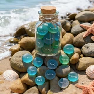 Handcarved Inspirational Sea Glass Stones in a Jar – Words of Calm & Courage, Encouragement Gratitude Rocks for Meditation Birthday Graduation Gift