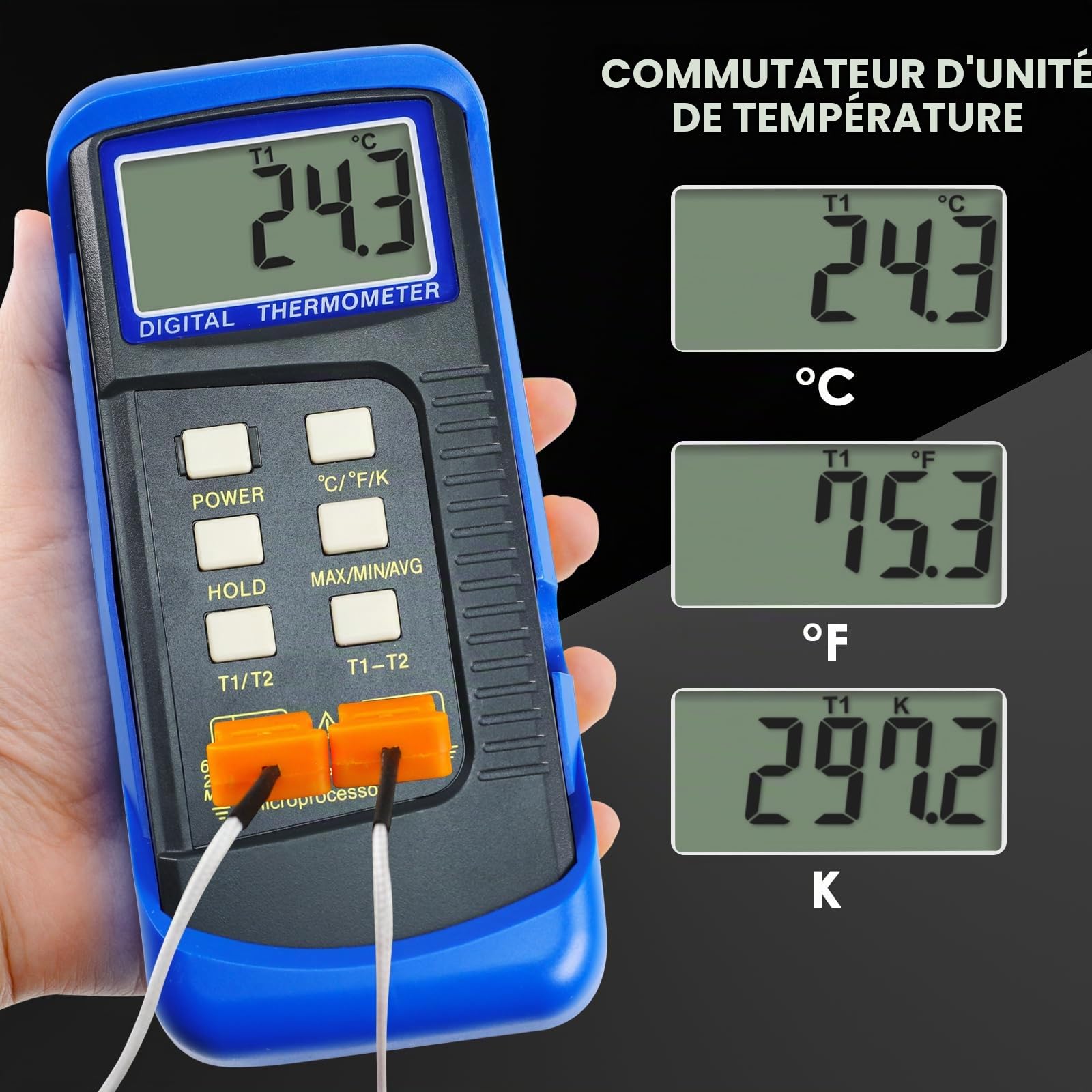 Thermomètre Numérique à Thermocouple de Type K (Double Canal) pour CVC, avec 4 Sondes, Mesure des Températures MAX/MIN/MOY, Plage de -50 à 1300 °C