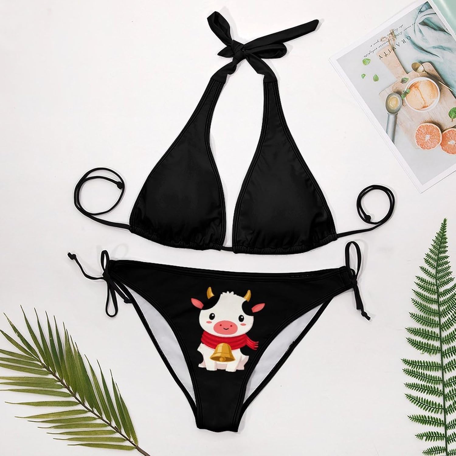 Cute Cow with Red Scarf Novelty Women's 2 Piece String Bikini Set Swimsuits Bathing Suit Swimwear