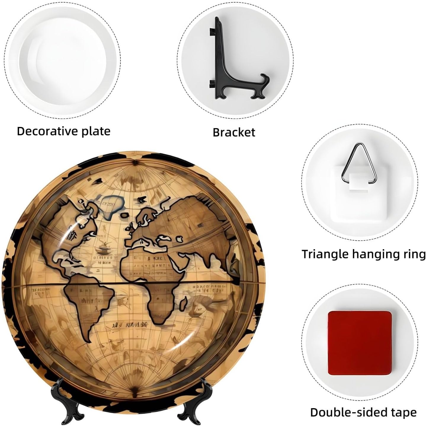 10in Bone China Decorative Plate, Ancient Map World Globe Ceramic Dinner Plates with Display Stand, Ceramic Ornaments Art Porcelain Plate for Home Office Wall Decor Collections Plates image 4