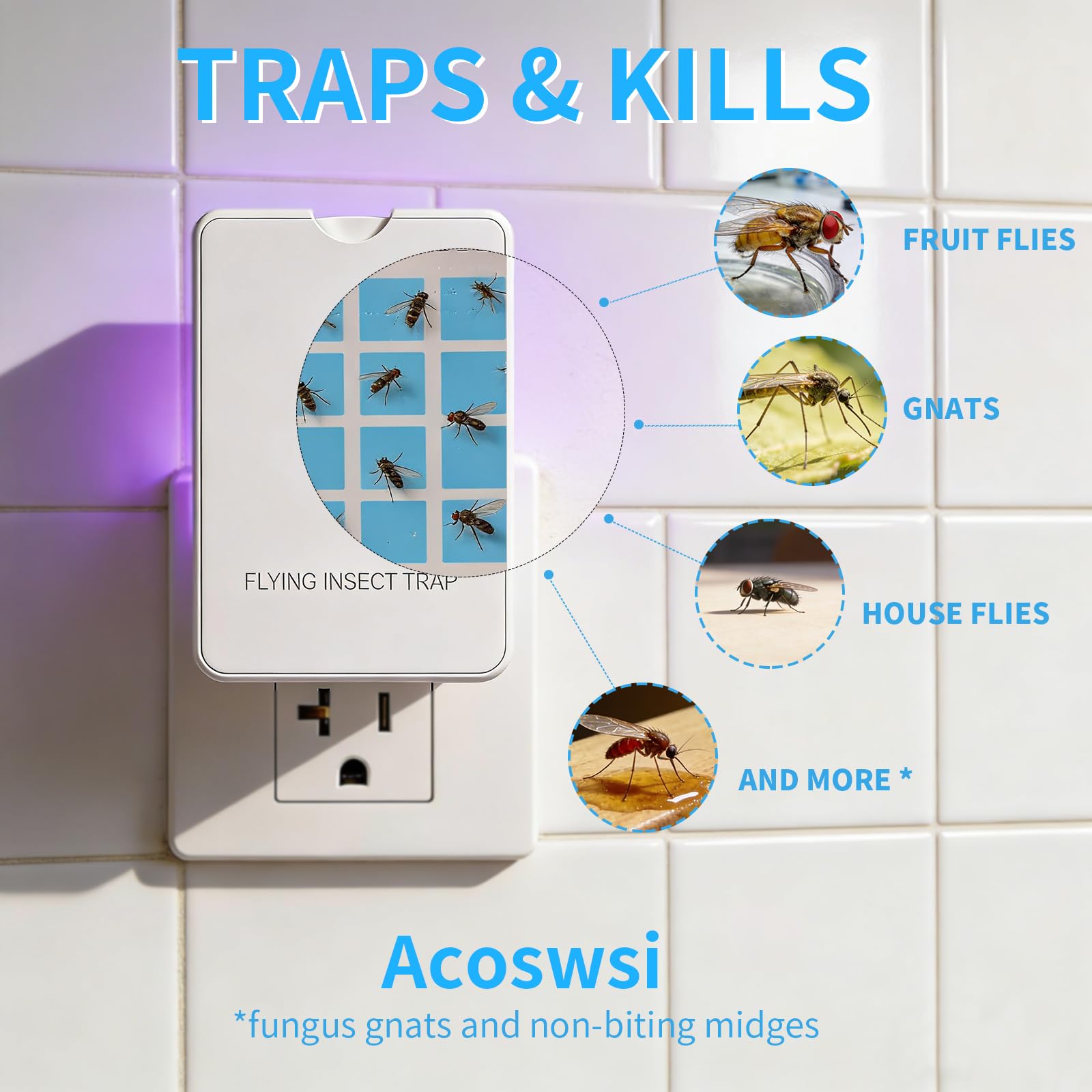 Acoswsi Indoor Fly Trap Plug in, Flying Insect Trap with Blue UV Light, Fruit Fly & Gnat Trap for Indoors, Mess-Free Bug Catcher for Home, 1 Device + 5 Refill Glue Cards - 4