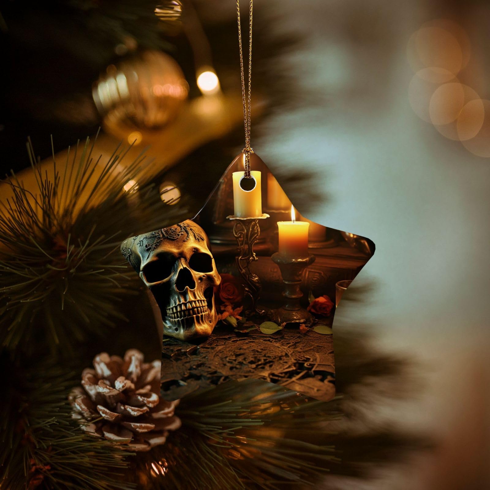 Christmas Ornaments for Christmas Tree Decoration Hanging Candles and Scary Skull Ornament with Gold Ribbon Crafts Star Shape Ceramic Pendant for Keepsake Gifts Xmas Decor Party Supplies