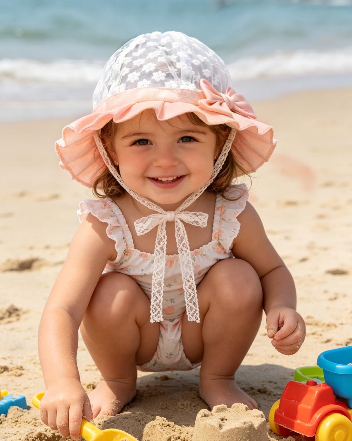 Lace Sun Hat for Little Girls Summer Breathable Mesh Lace Bucket Hat with Chin Strap Cute Floral Sunhat Beach Hats