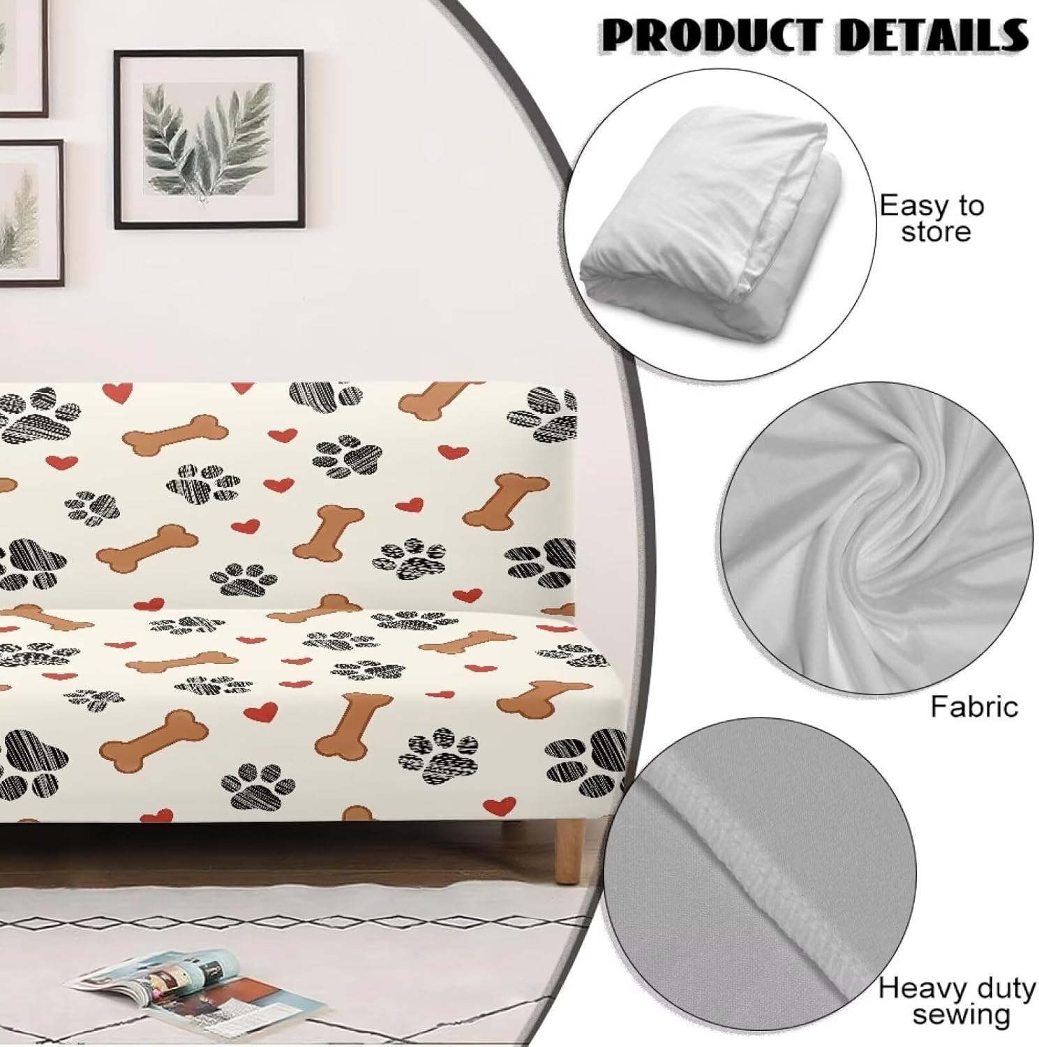 Merkmak Armless Futon Cushion Covers Dog Paws Print Sofa Slipcovers Anti-Slip Futon Couch Cover with Elastic Bottom for Living Room Bedroom Hotel Furniture Protector - Yellow