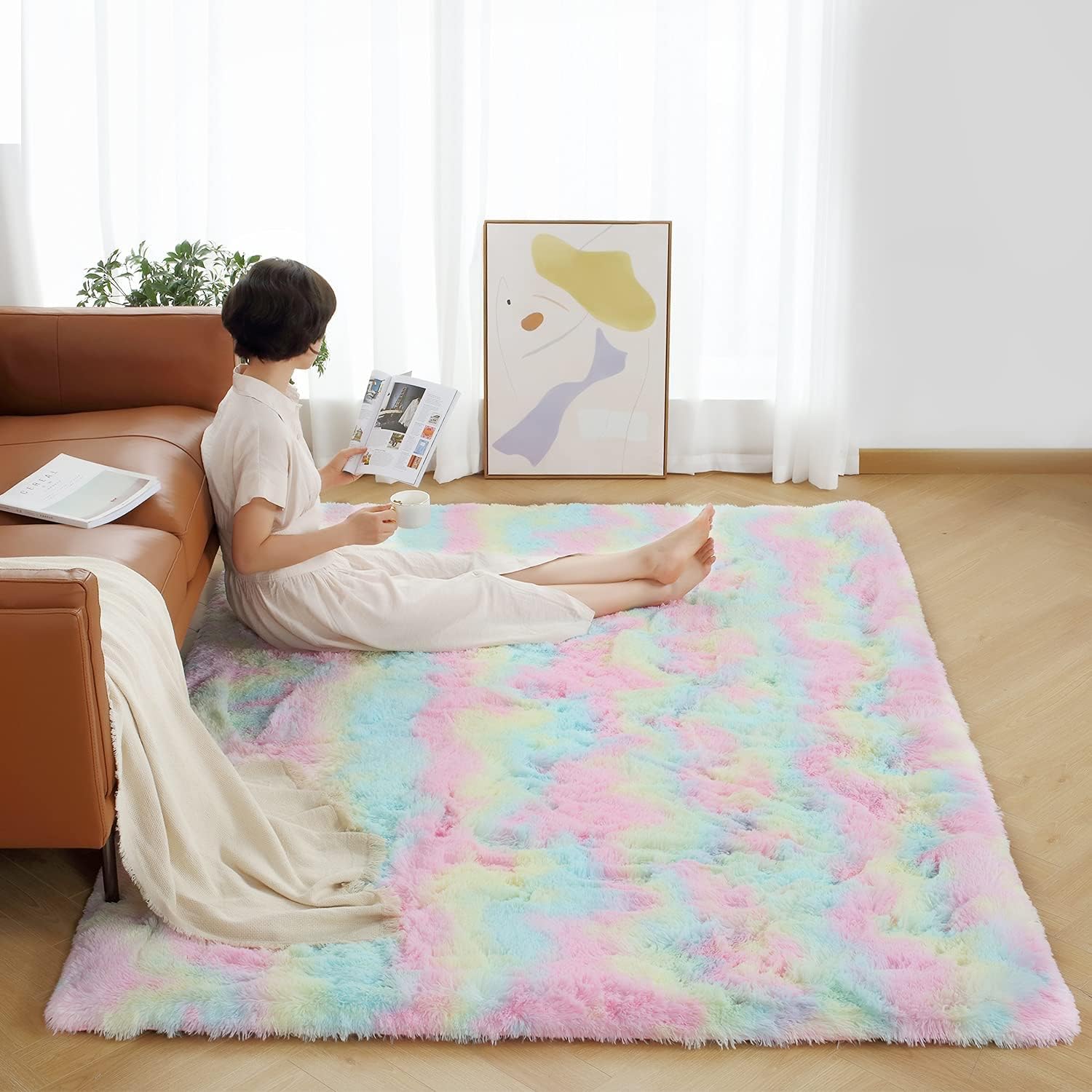 X-Large Modern Shag Area Rugs, 5.3x7.6FT Ultra Soft Fluffy Carpet, Non-Slip Tie-Dyed Floor Carpet for Girls Kids Room Nursery Dorm Living Room Bedroom Home Decor,47 * 79 inchs/Colorful