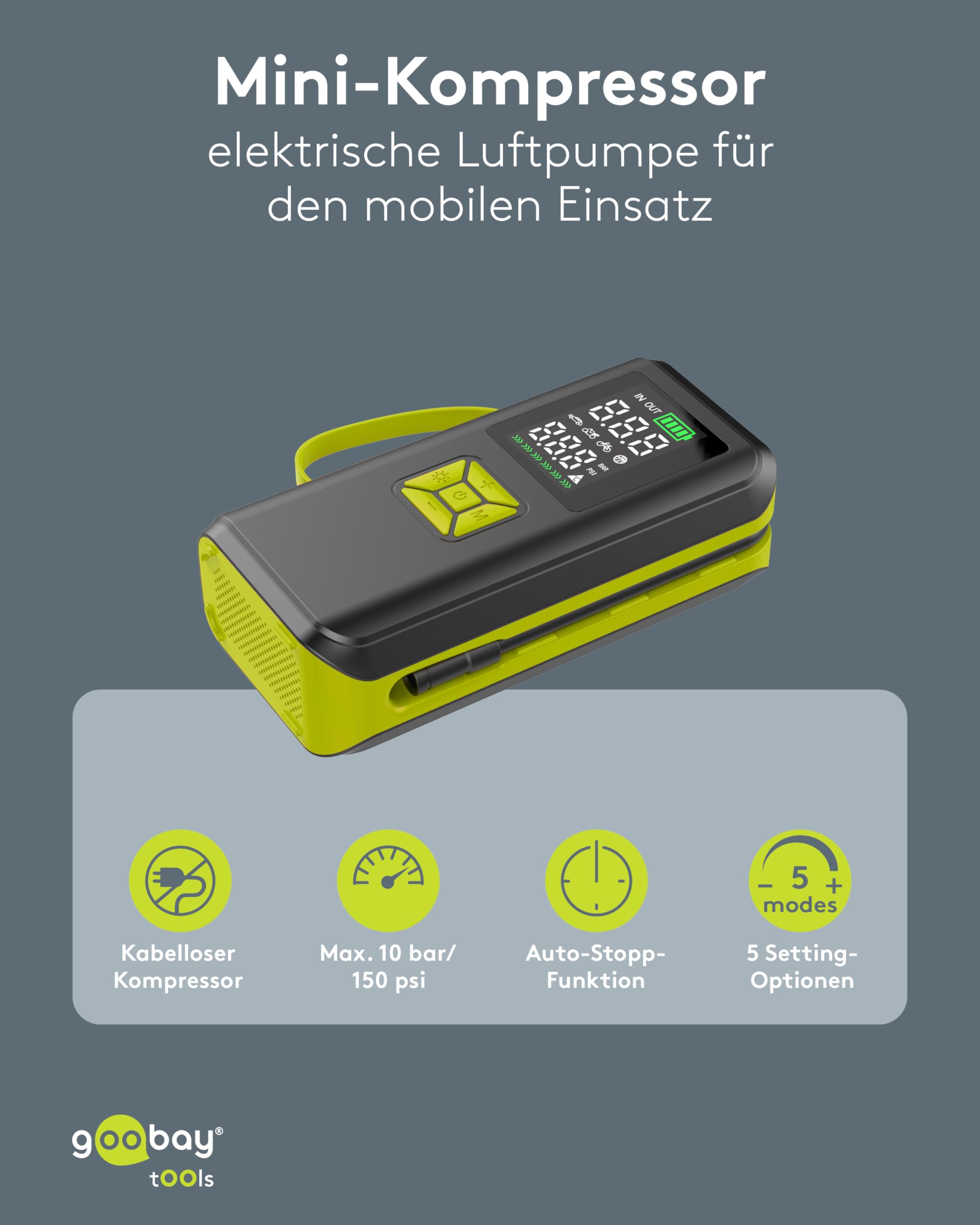 goobay -Kabellose, elektrische Luftpumpe 10 bar/150 PSI - 2Ah Akku, 5V, mit LED-Licht, 4 Ventiladapter, LED-Display, Kompressor für Auto-, Motorrad-, Fahrradreifen und Bälle, USB-C Anschluss - 77827