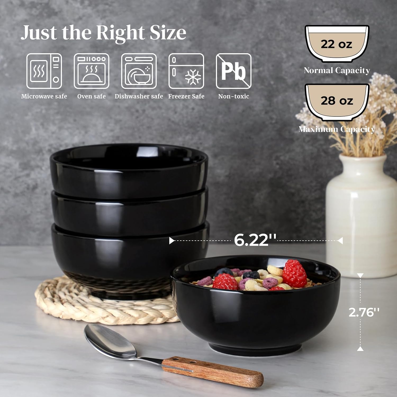 DOWAN 22 OZ Ceramic Soup Bowls & Cereal Bowls - 6" Classic Bowls Set of 4 for Soup, Cereal, Oatmeal, Fruit, Rice - Dishwasher & Microwave Safe (Black) - Image 2
