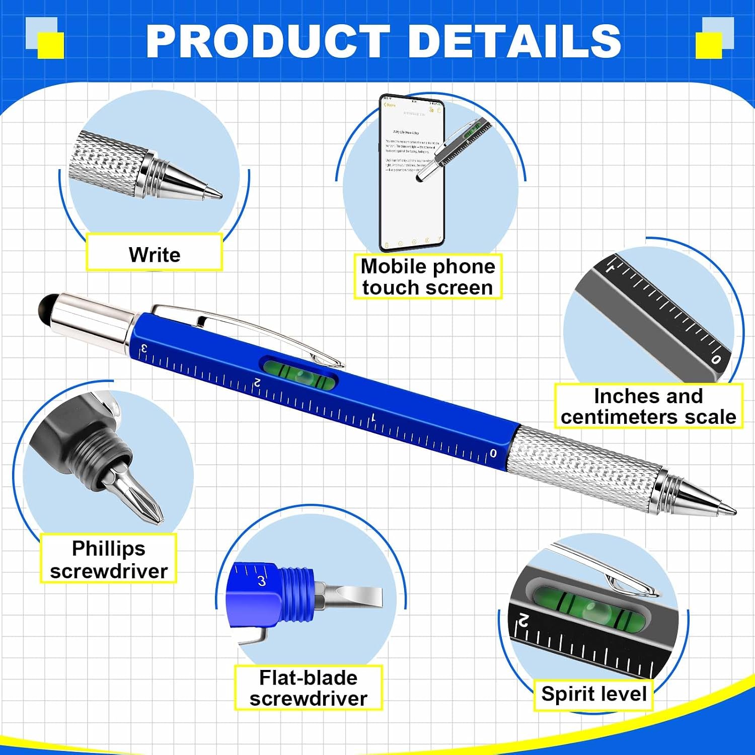 Zonon 32 Pieces Pen for Men with 40 Pen Refills, 6 in 1 Multi Tech Tool Pen Gadget Screwdriver Pen with Ruler, Levelgauge, Ballpoint Pen for Men (Red, Green, Blue, Gray)