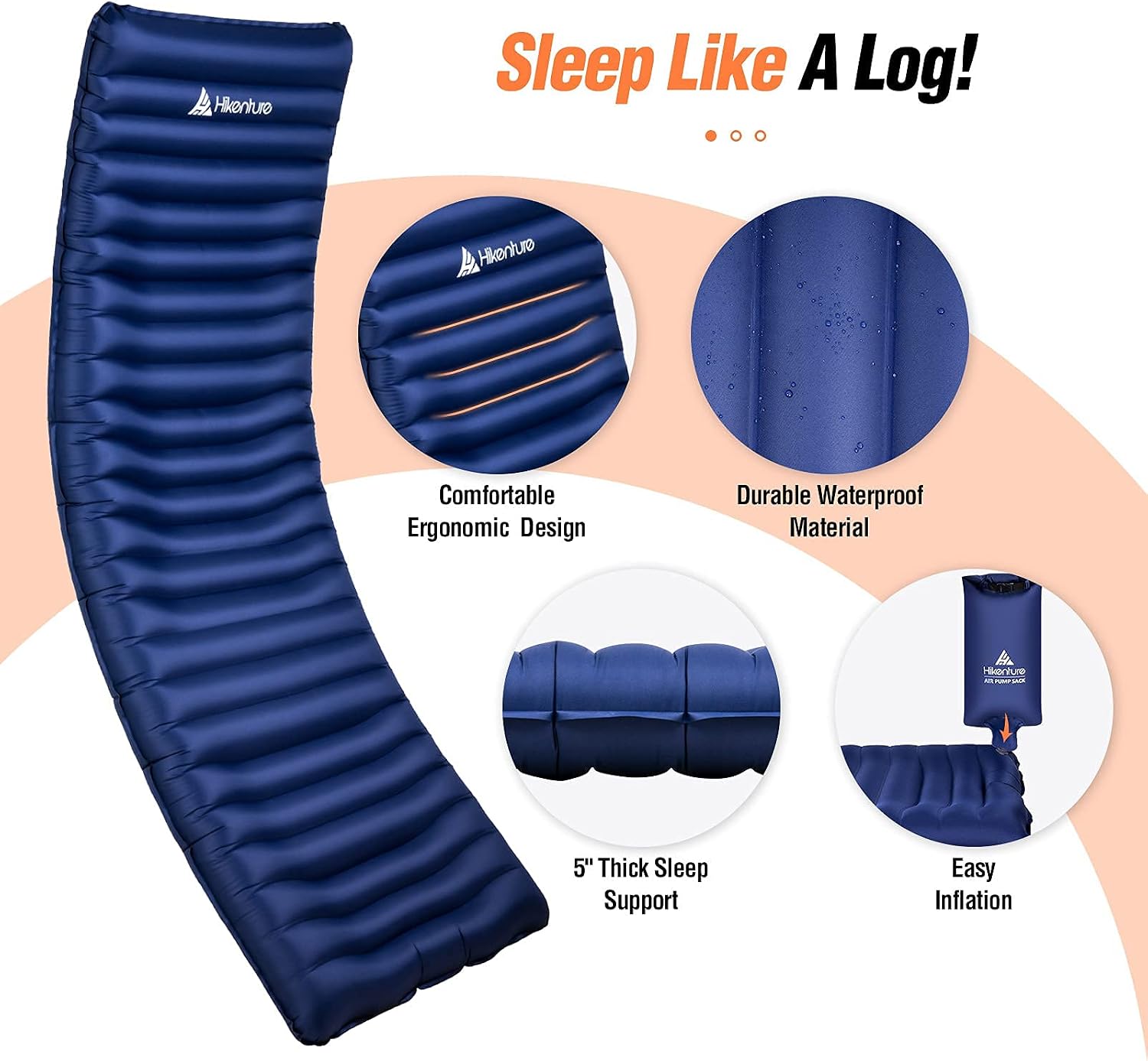 HIKENTURE Camping Sleeping Pad,Ultra-Thick 5 Inch,Ergonomic Backpacking Sleeping Mat,Ultralight,Inflatable &Compact Camp Air Mattress for Tent,Hiking,Hammock(1100-A)