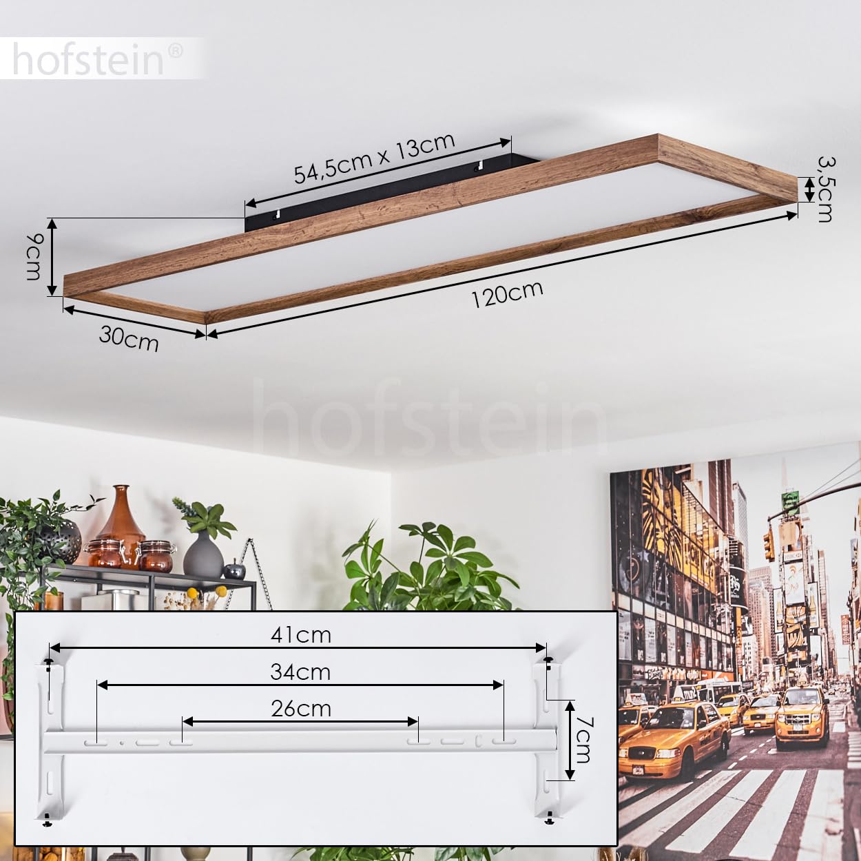Plafón LED Longvic, plafón regulable de metal/MDF/plástico en negro/madera/blanco, 36 vatios, 350-4300 lúmenes, 2700-6500 Kelvin, 120 cm, regulable/cambio de color de la luz con mando a distancia