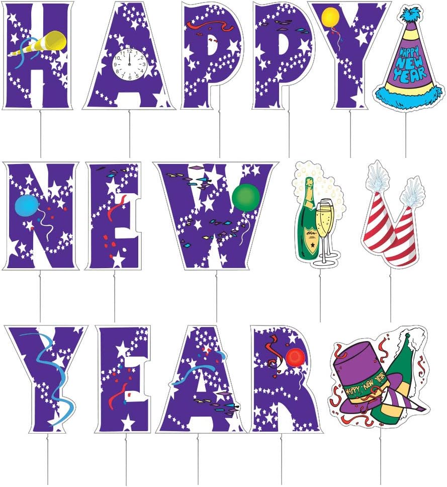 Happy New Year Yard Sign Letters with Stakes Lawn Display Celebrate Big Colorful Stars Champagne
