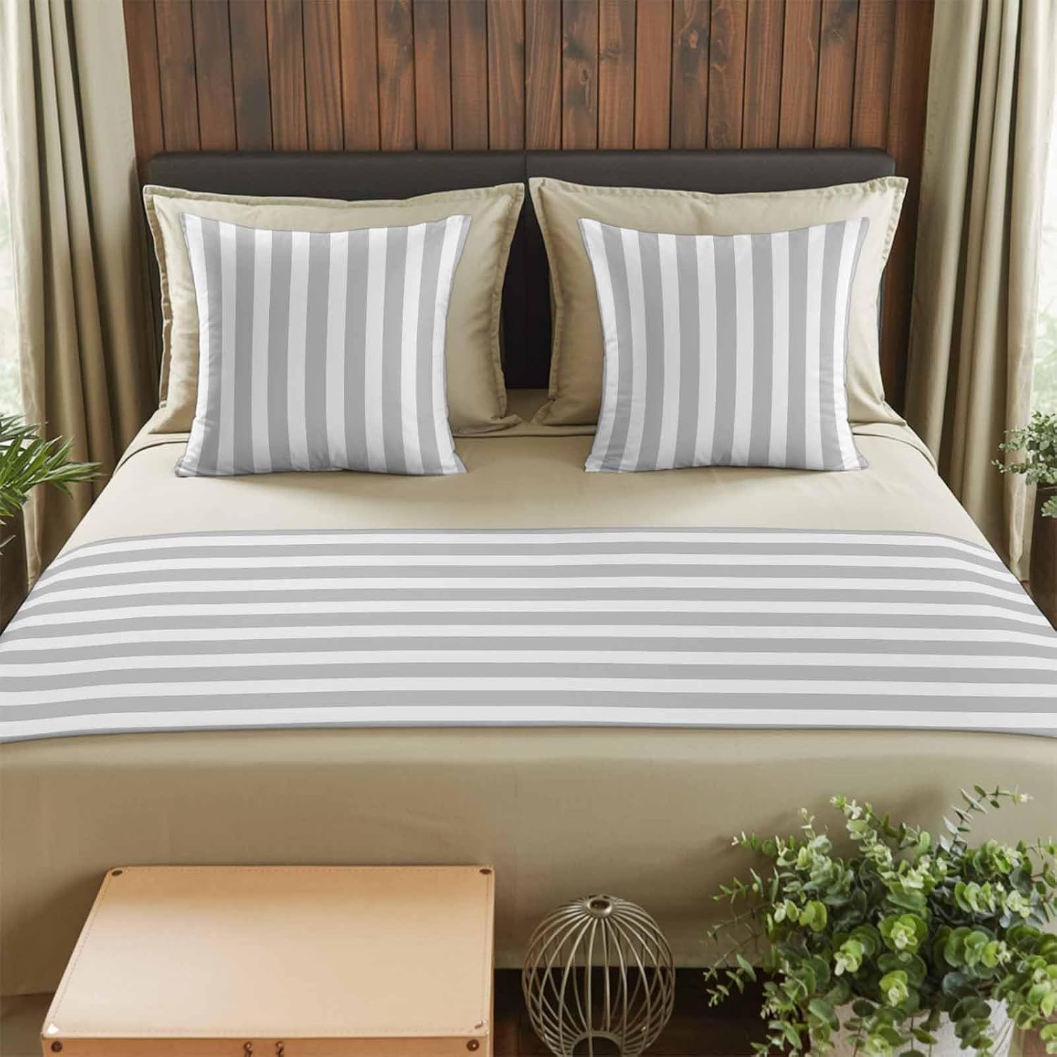 DecorLovee Grey Striped Bed Runners for King Size Bed with 2 Matching Pillow Covers, Modern Farmhouse Gray White Stripes Decorative Sofa Throw Bedding Scarf Protector Slipcover for Bedroom