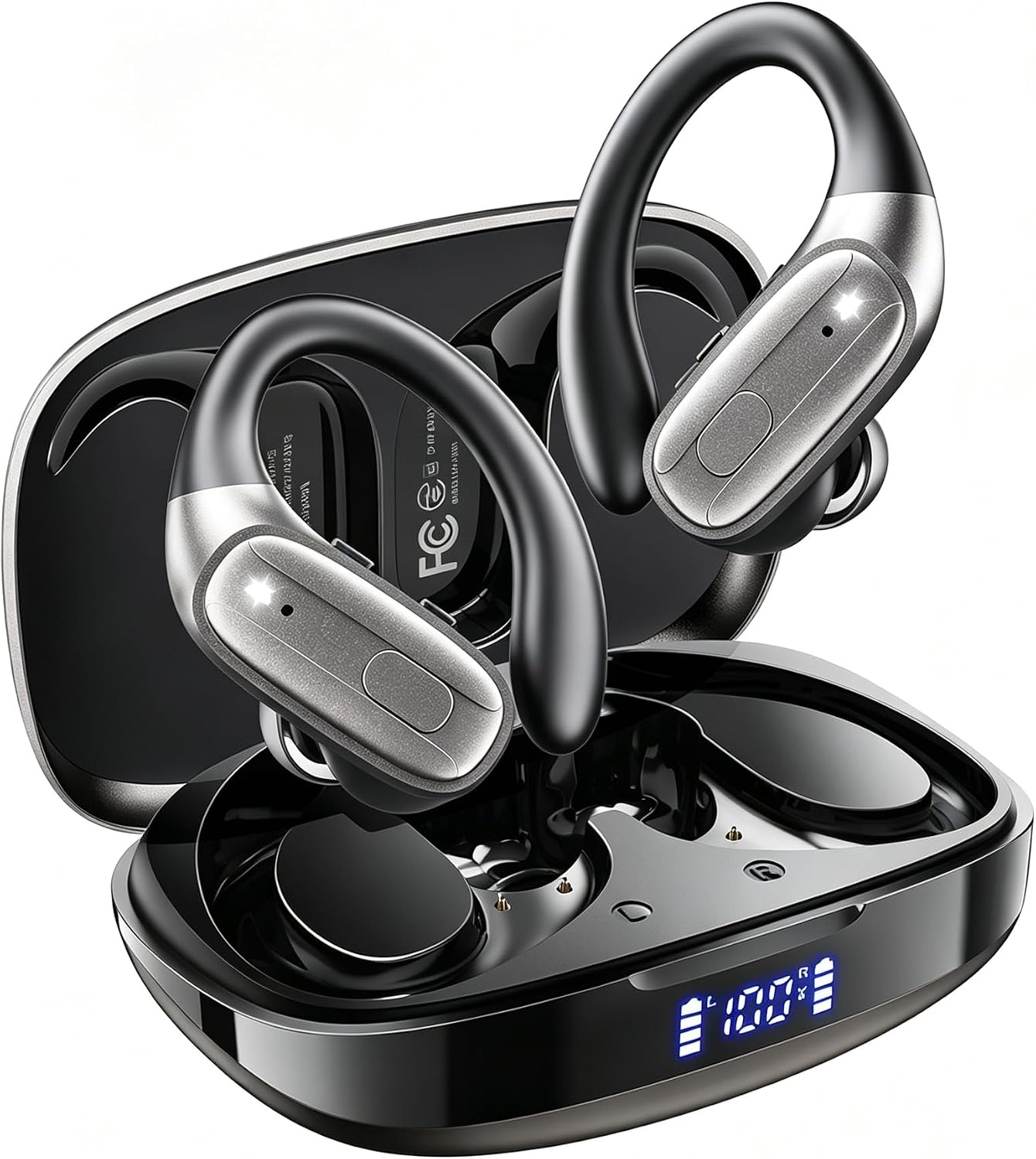 Wireless Earbuds with Stable Ear Hooks for Sports, Workout, Bluetooth Headphones, HiFi Sound, Deep Bass, 80hrs Playtime, Sweat Resistant for iOS/Android, Steel Gray