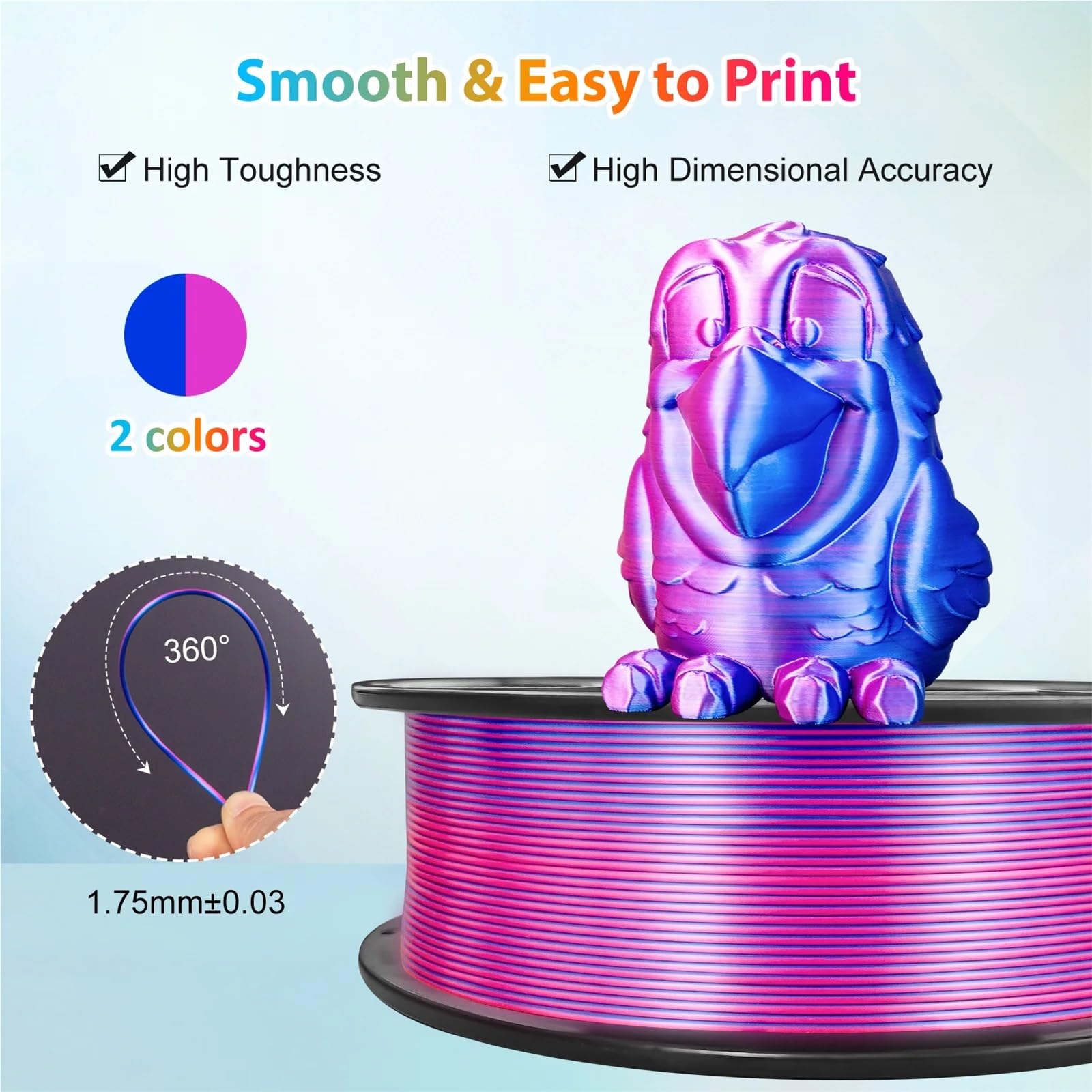 Filament pour Imprimante 3D Filament d'imprimante 3D multicolore, impression brillante en soie PLA double/tricolore de 1.75mm, 250g(0,55lbs), convient à la plupart des FDM(Blue Yellow)