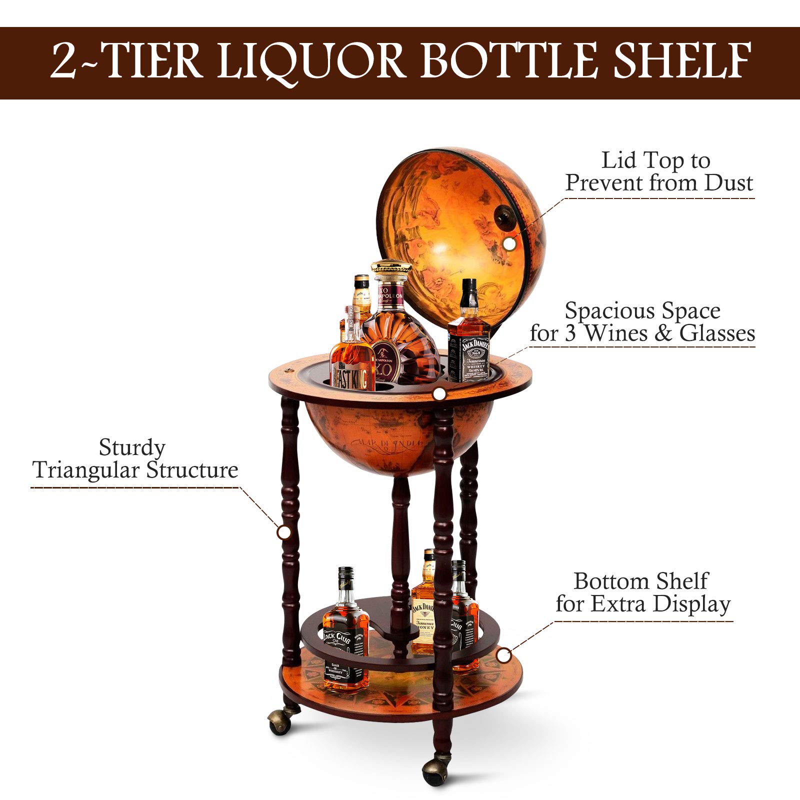 HPPYGRILL Globe Bar, 17.5” Wine Bar Stand Italian Wooden Globe Wine Cart Liquor Bottle Shelf, 16th Century Retro Wine Cupboard with Wheels for Dining Room Living Room, Retro Brown: A