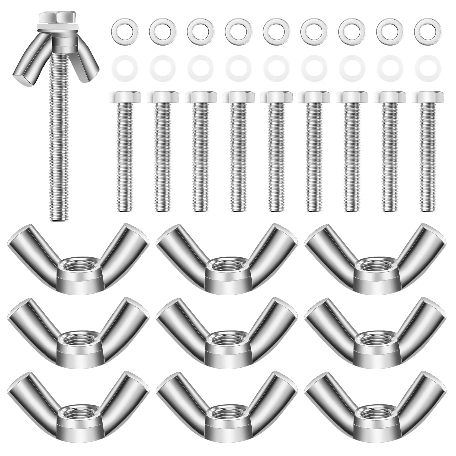 HHXUUAN M6 Wing Nuts Assorted, 10 Sets-40 Pack Kit Butterfly Nuts and 50MM Hexagon Bolts with Metal Washers and Nylon Plastic Washers for DIY Projects Machinery Electronic Equipment