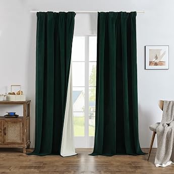 Joydeco 100% Opaque Velvet Curtains with Ruffle Tape Set of 2 H 245 x W 132 cm Dark Green Rail System Sliding Curtain Blackout Thermal Curtain Cold Protection Curtains Bedroom Living Room Curtains