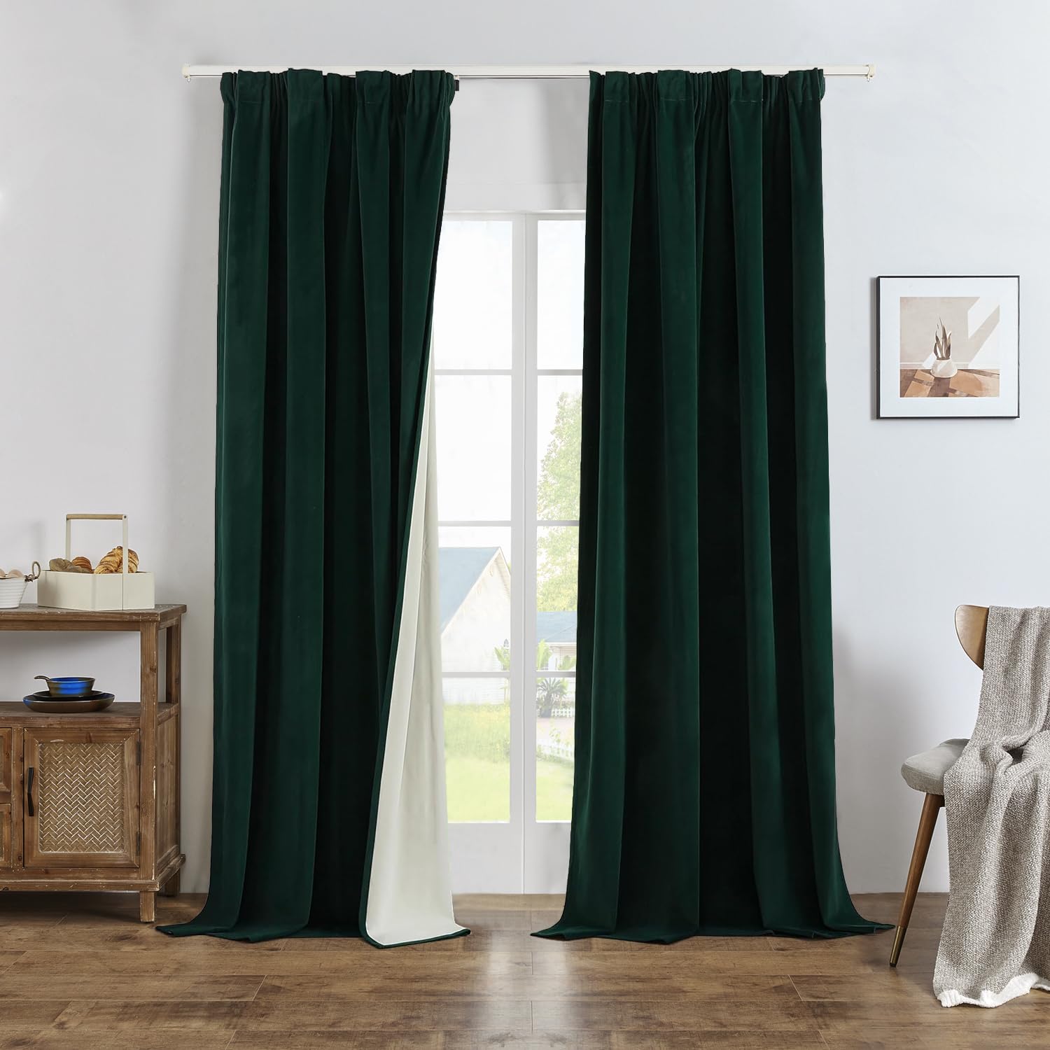 Joydeco Rideau Velours Vert Foncé avec Galon Fronceur 132x245 CM 2 Pièces pour Rail et Passe Tringle, Rideau Occultant Thermique Anti Froid avec Revêtement 100% Anti-Lumineux, Épais Lourd 330g/m²