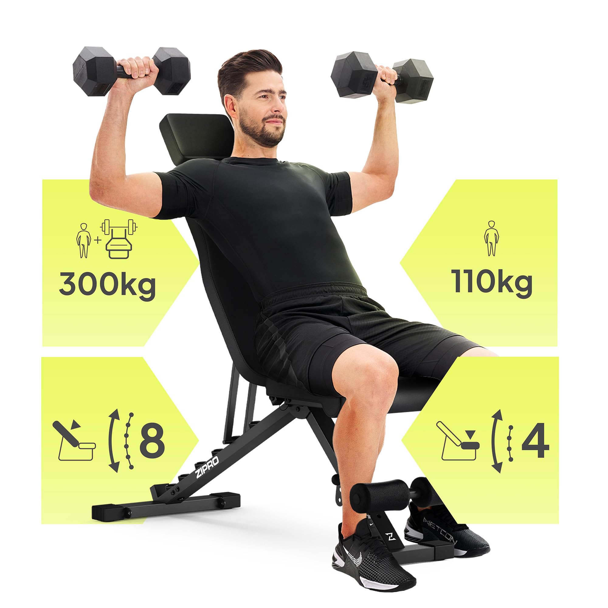 ZIPRO Panca Palestra Attrezzi per Addominali Multifunzionale Pesi Casa Fitness Pieghevole Home Gym Piana Regolabile Portata 300kg Allenamento Completo 7 Posizioni Schienale Salvaspazio - Grind Nero