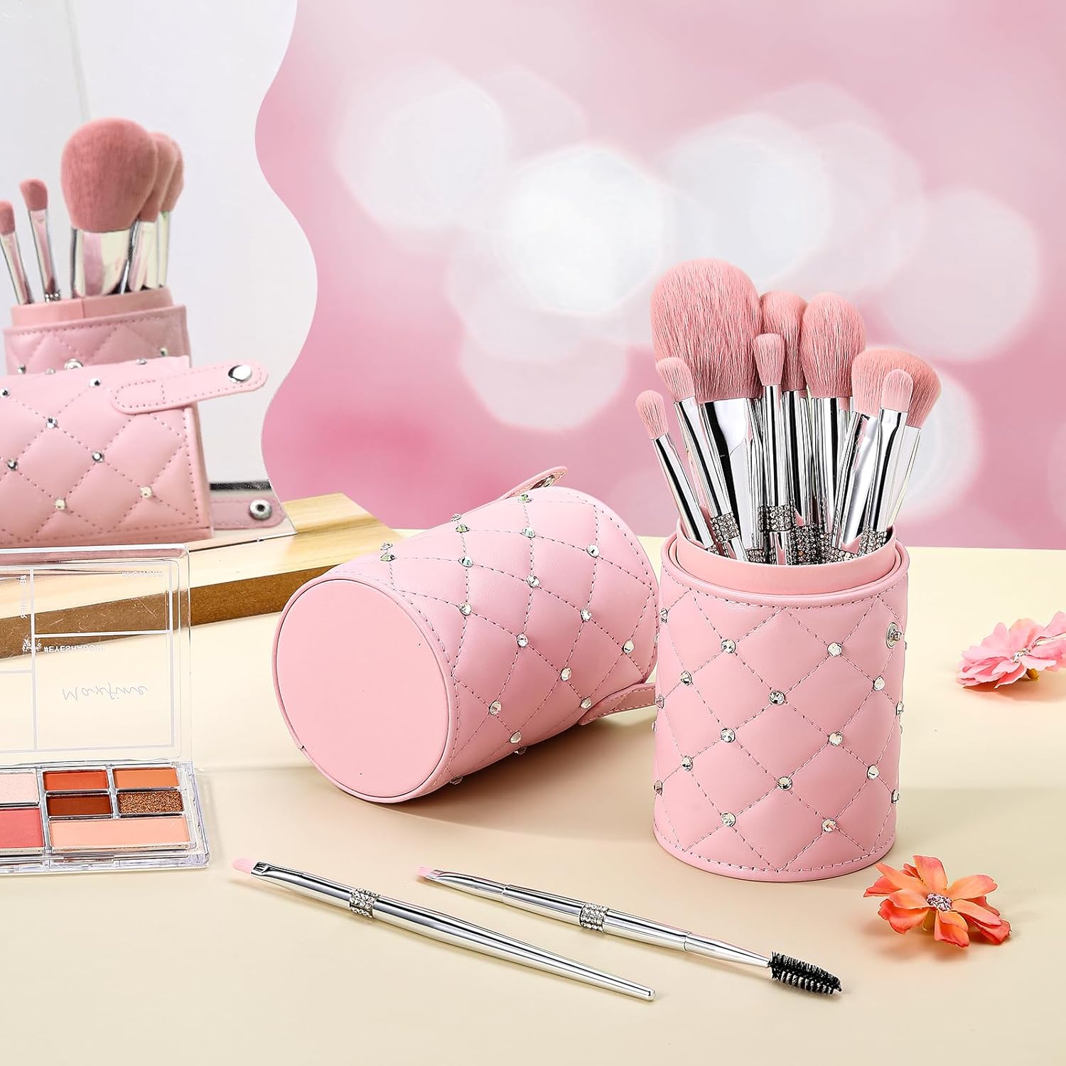 Baderke 11 Pcs Elegant Pink Soft Labeled Christmas Makeup Brushes Sets with Brush Holder Rhinestone Makeup Set with Silver Pink Foundation Powder Blush Blending Contour Brush