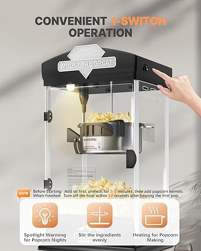 Miniatura 5 de Carro de máquina de palomitas de maíz con rueda, máquina para hacer palomitas de maíz de 10 onzas con hervidor de acero inoxidable que hace hasta 40