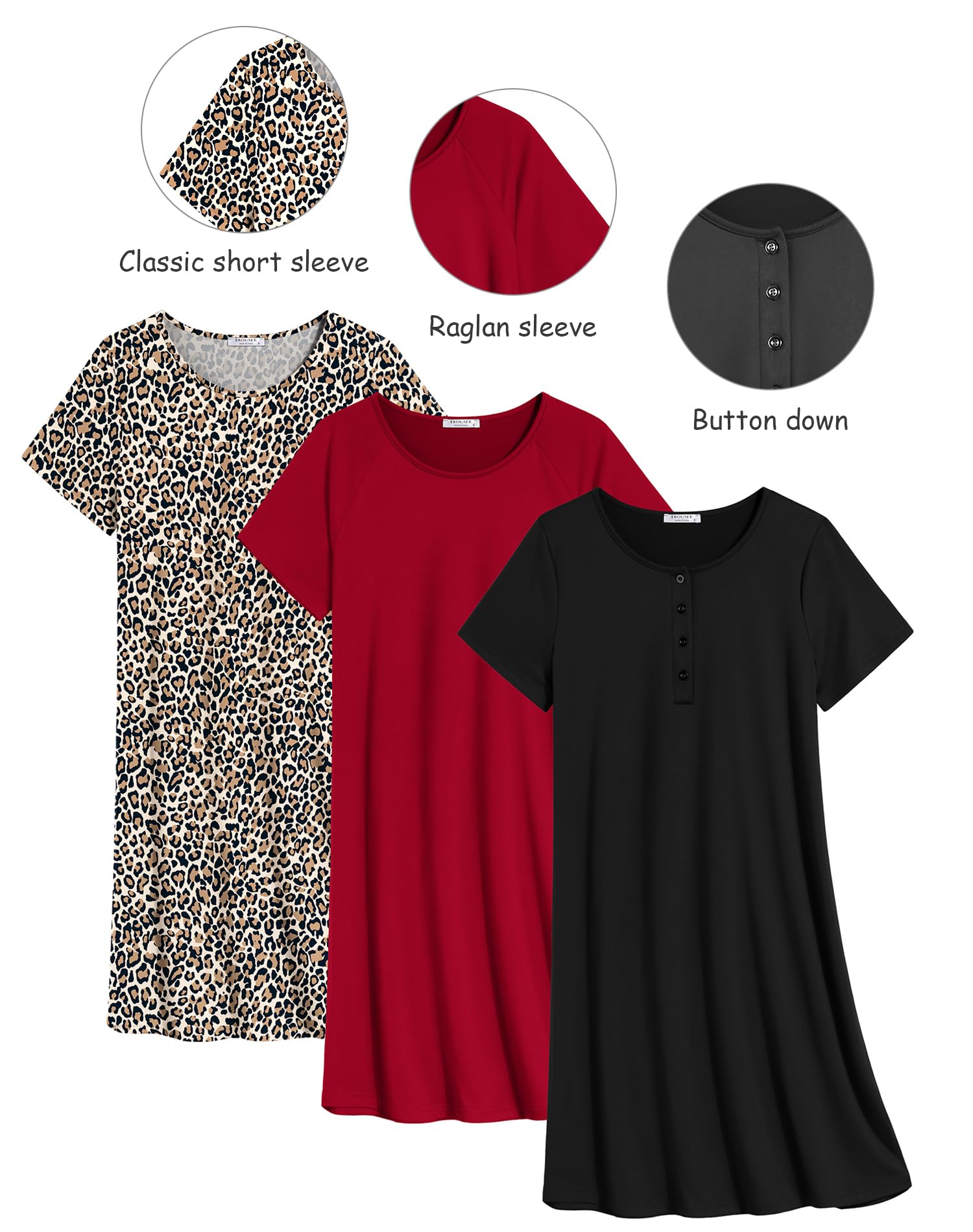 Ekouaer 3 Pack Nightgowns for Women Short Sleeve Sleepshirt Button Down Nightshirt Soft Pajamas Dress Casual Sleepwear