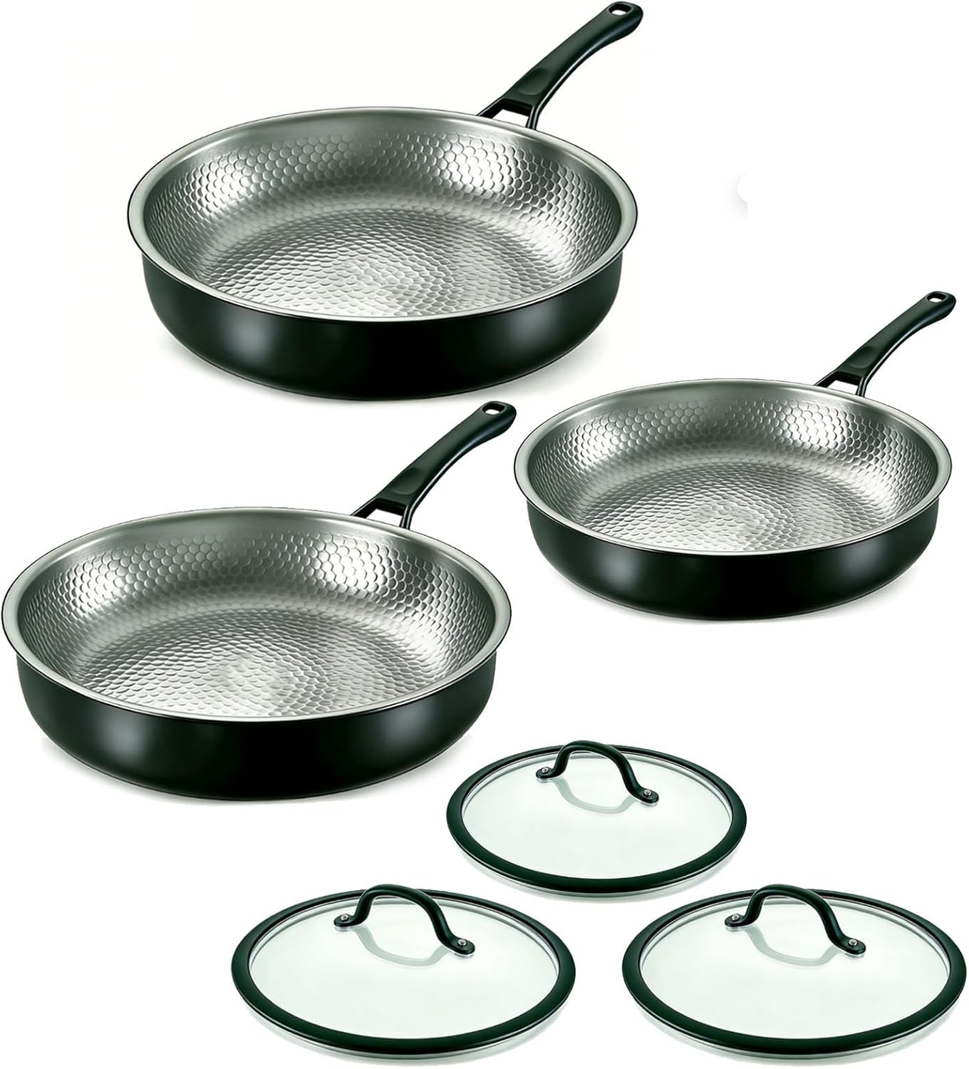 Titanium Hammered Pro Pan set with Lid, 8+10+12Inch No Coating Non-Stick Pure Titanium Cookware, Non-Toxic Skillet for Cooking, Dishwasher&Oven Safe, Works on All Stoves,10+12in w/lid