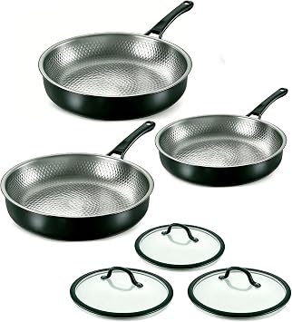 Titanium Hammered Pro Pan set with Lid, 8+10+12Inch No Coating Non-Stick Pure Titanium Cookware, Non-Toxic Skillet for Cooking, Dishwasher&Oven Safe, Works on All Stoves,8+10+12in A/lid