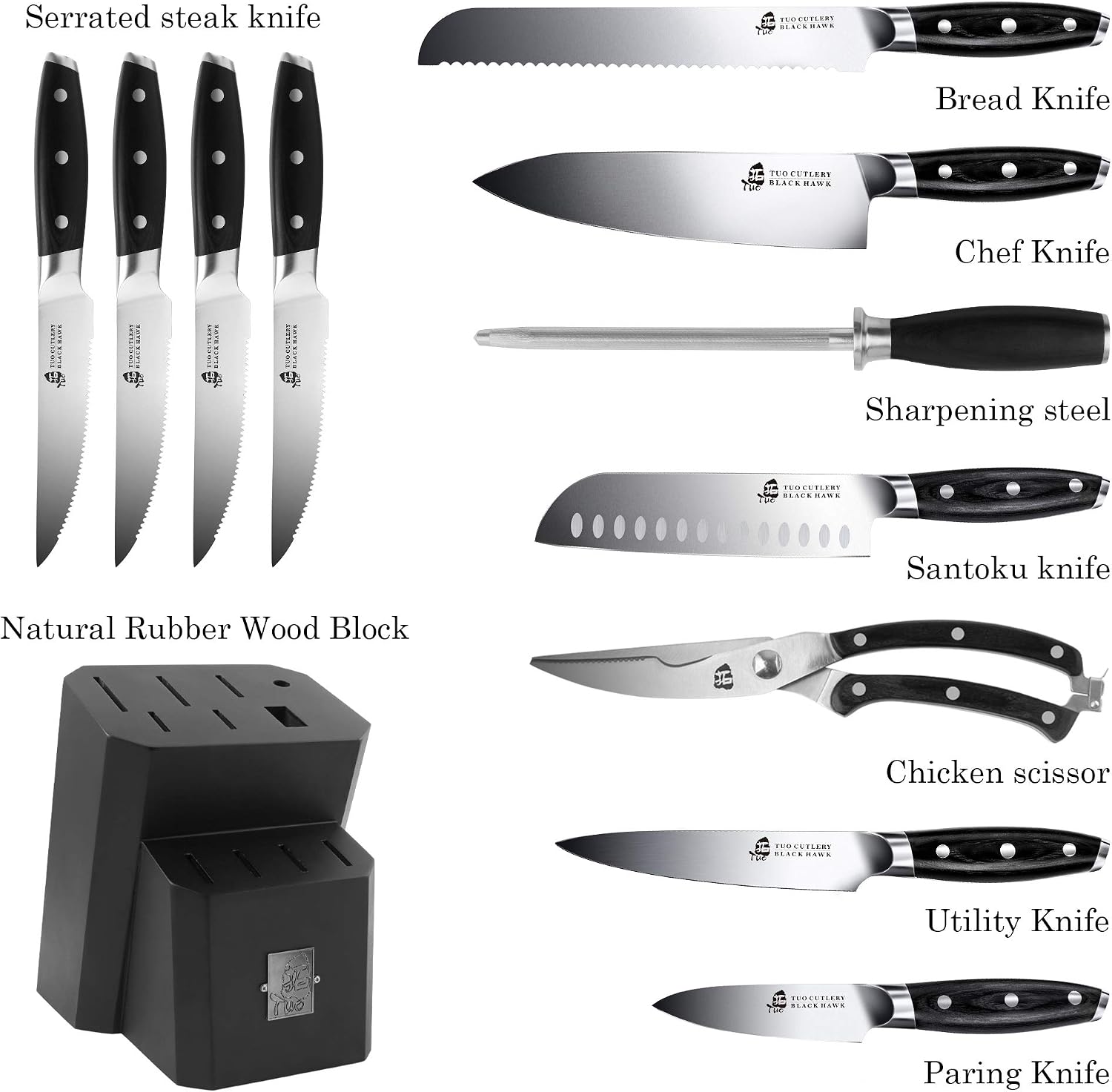 Best Quality 🔥 TUO Kitchen Knife Set - 12 Pcs Knife Set with Wooden Block - Premium Forged German Stainless Steel, Ergonomic Pakkawood Handle - BLACK HAWK SERIES with Gift Box Crazy Clearance TUO Kitchen Knife Set - 12 Pcs Knife Set with Wooden Block - Premium Forged German Stainless Steel, Ergonomic Pakkawood Handle - BLACK HAWK SERIES with Gift Box