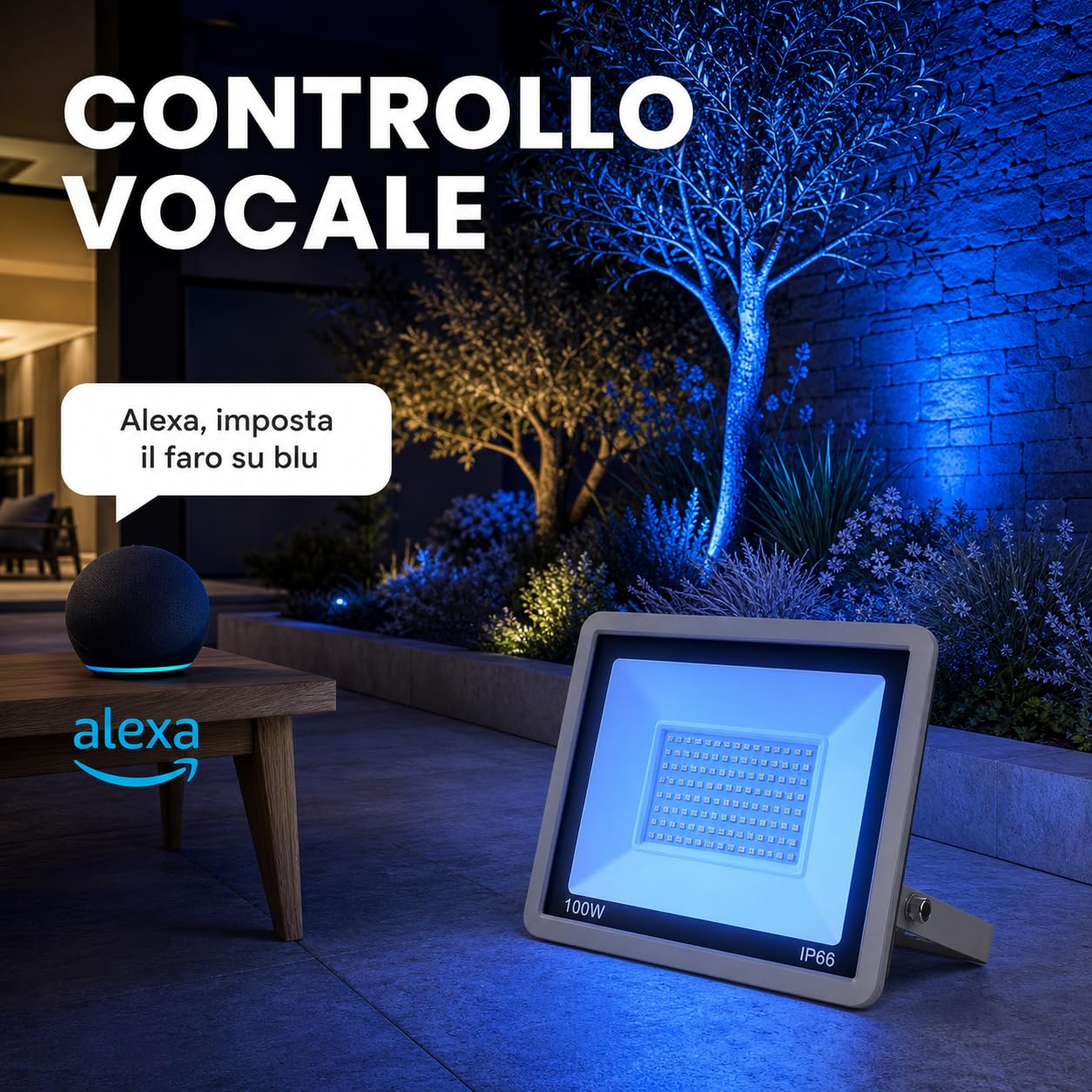 Faro led RGB 100 W Smart Wifi compatibile con Alexa e Google 10.000LM ideale per giardini, feste, Natale e Halloween